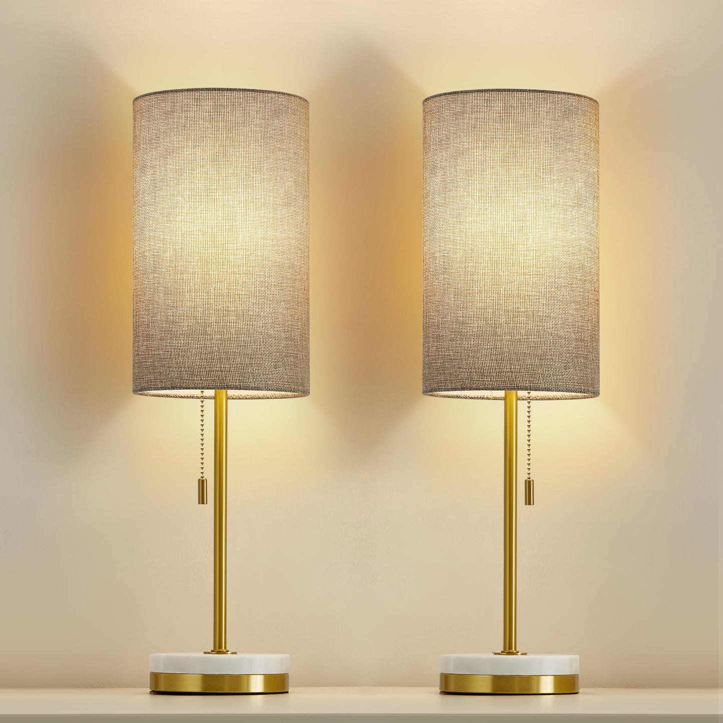 NATYSWAN Minimalist Table Lamp Set of 2, Nightstand Lamp for Bedroom Living Room, Modern Pull Chain Bedside Lamp with Marble Base, Fabric Shade, Small Desk Lamp for Home, Office, Reading