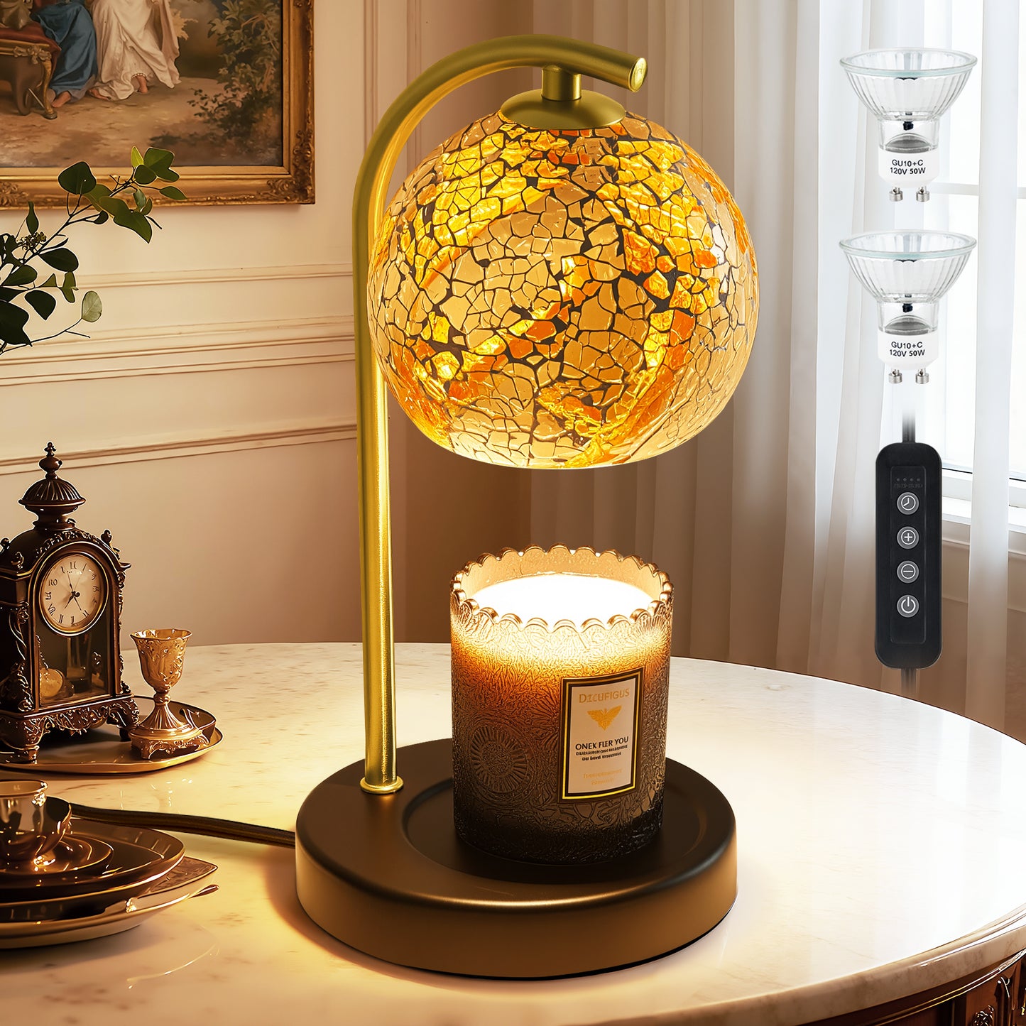 NATYSWAN Amber Glass Electric Candle Warmer with Timer & Dimmer Wax Melts Warmer for Candle Jars, Ideal Gift, Bedroom Home Decor, No Flame Scented Candle Warmer with 2 Bulbs