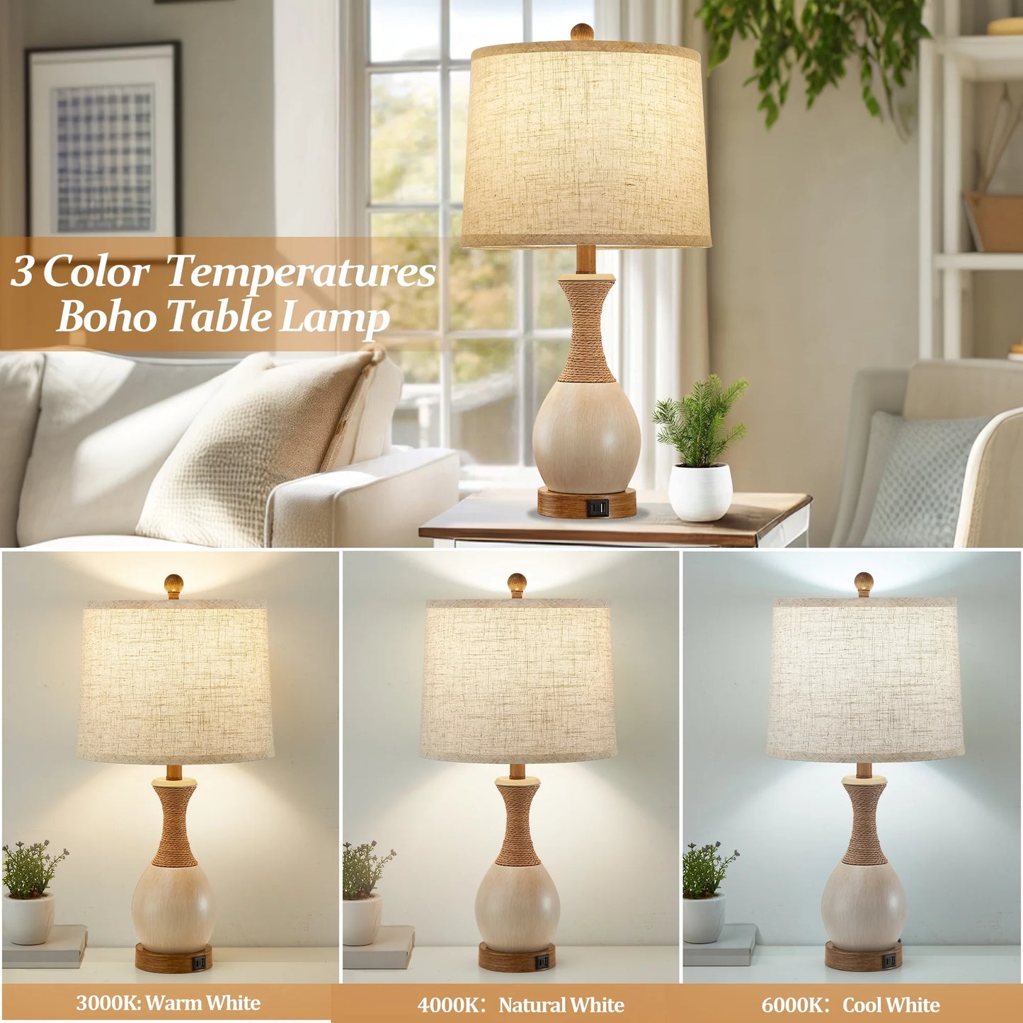 NATYSWAN Table Lamp for Bedroom Set of 2 with USB C+A Ports, Modern Bedside Lamps with Beige Fabric Shade,3-Way Dimmable Nightstand Lamps for Living Room Office