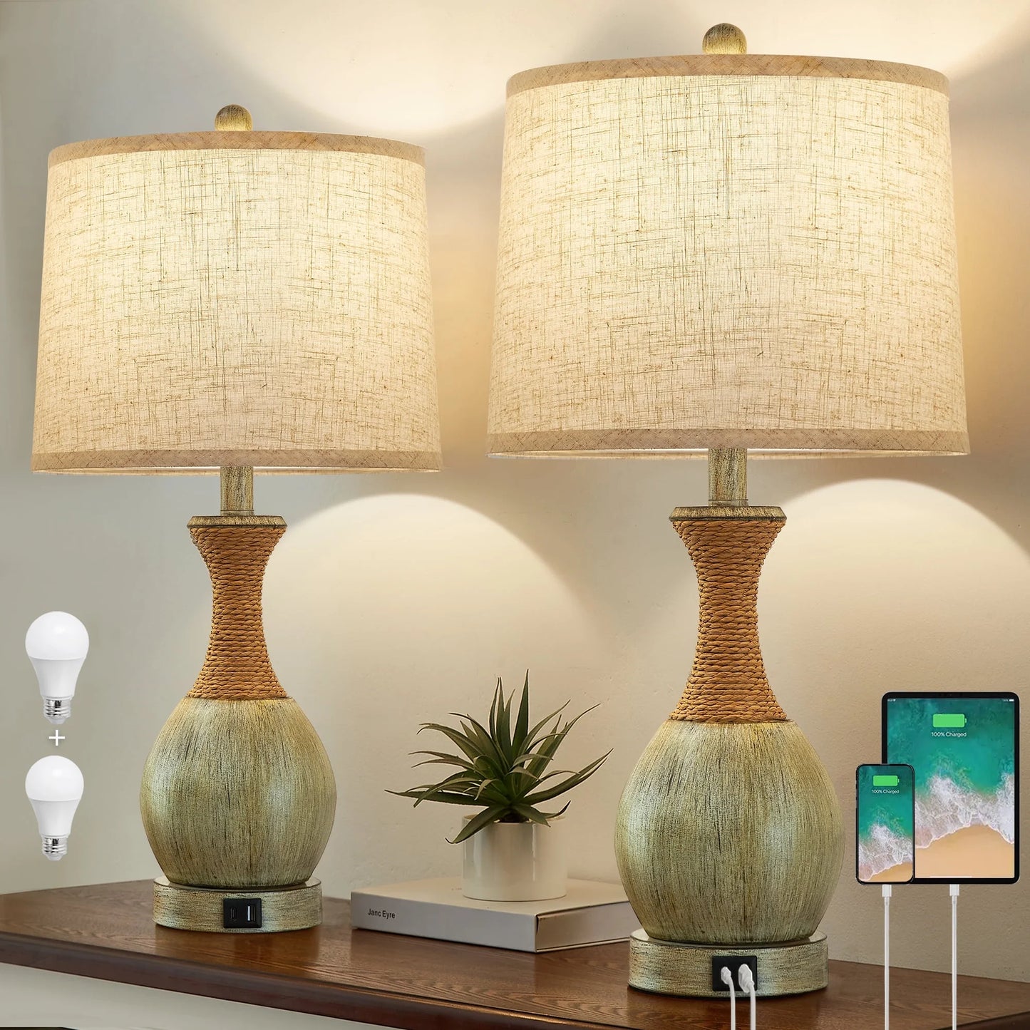 NATYSWAN Table Lamp for Bedroom Set of 2 with USB C+A Ports, Modern Bedside Lamps with Beige Fabric Shade,3-Way Dimmable Nightstand Lamps for Living Room Office