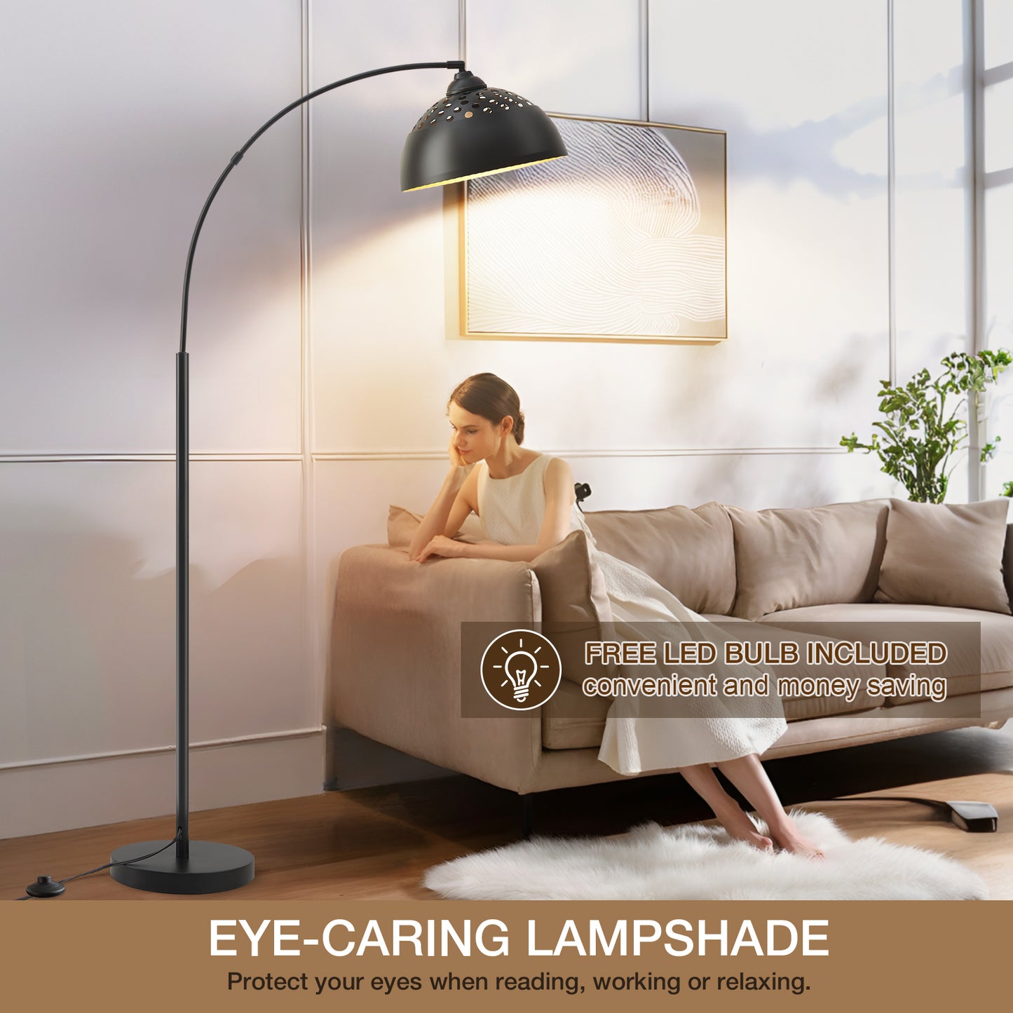 NATYSWAN 71" Arc Floor Lamps for Living Room, Modern Standing Lamp with Adjustable Hanging Metal Hollow Shade, Tall Pole Lamp with Foot Switch, Over Couch Arched Reading Light for Bedroom, Office