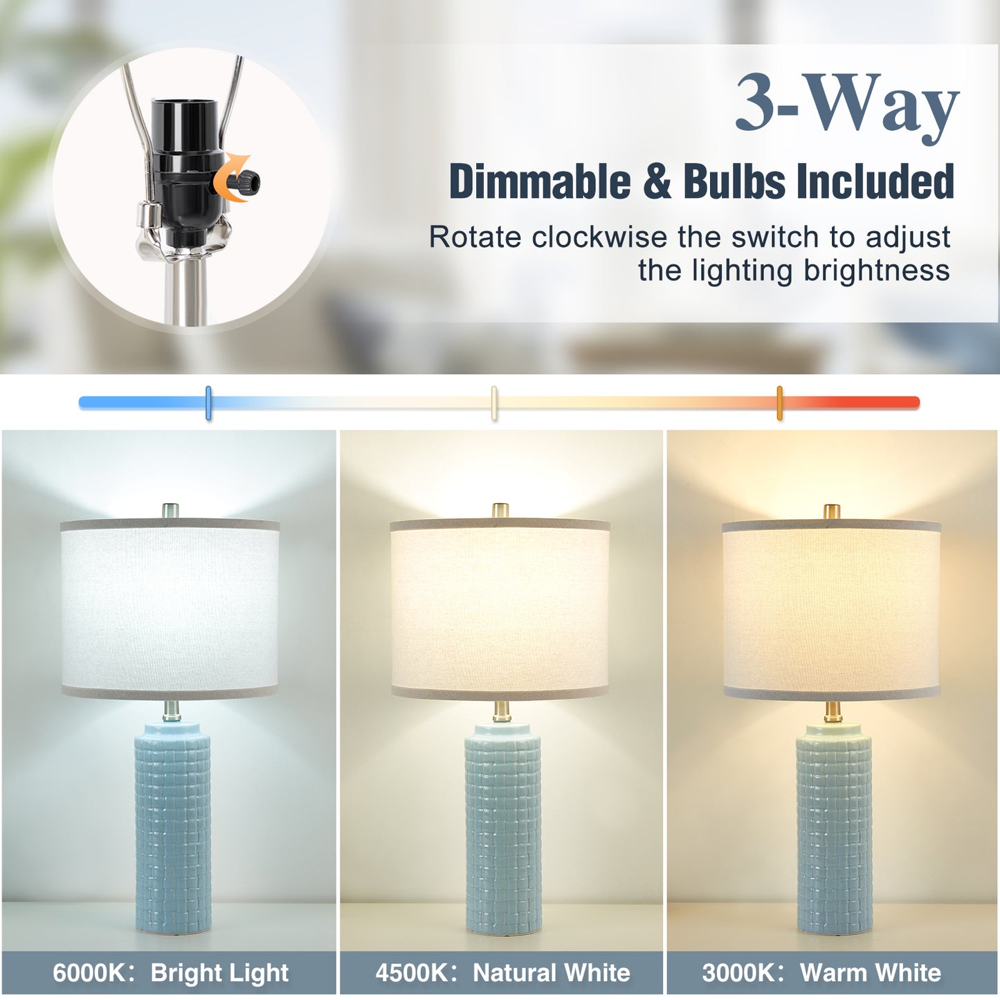 NATYSWAN 24.8" Modern Ceramic Bedside Lamp Set of 2, 3 Color Temperature Bulbs Included - Farmhouse Nightstand Lamps for Living Room Bedroom End Table Office Entryway, Off-White