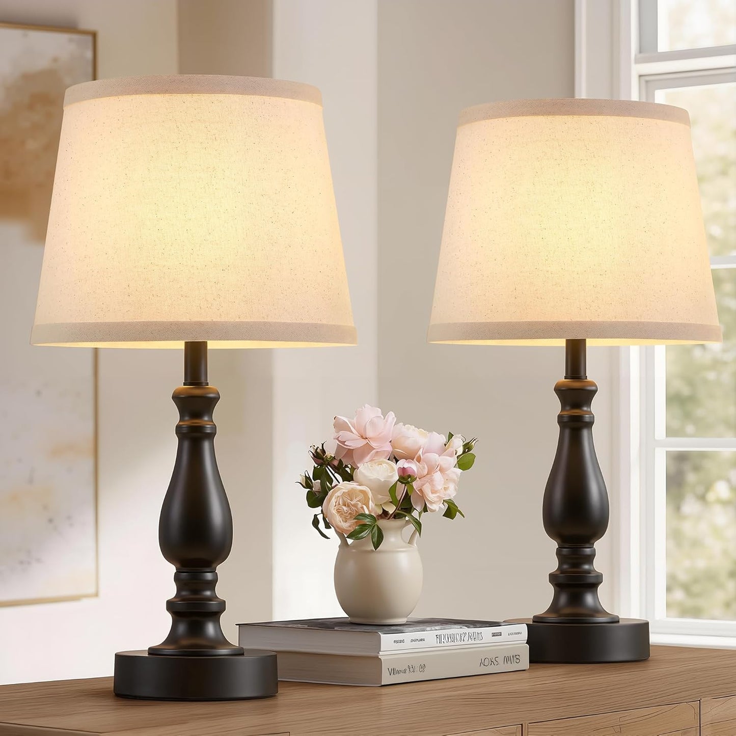 NATYSWAN Table Lamps Set of 2, Lamps for Bedroom with USB Charging Ports, 3 Way Dimmable Touch with Linen Fabric Lampshade, Modern Small Lamp for Nightstand, Living Room (Bulbs Included)