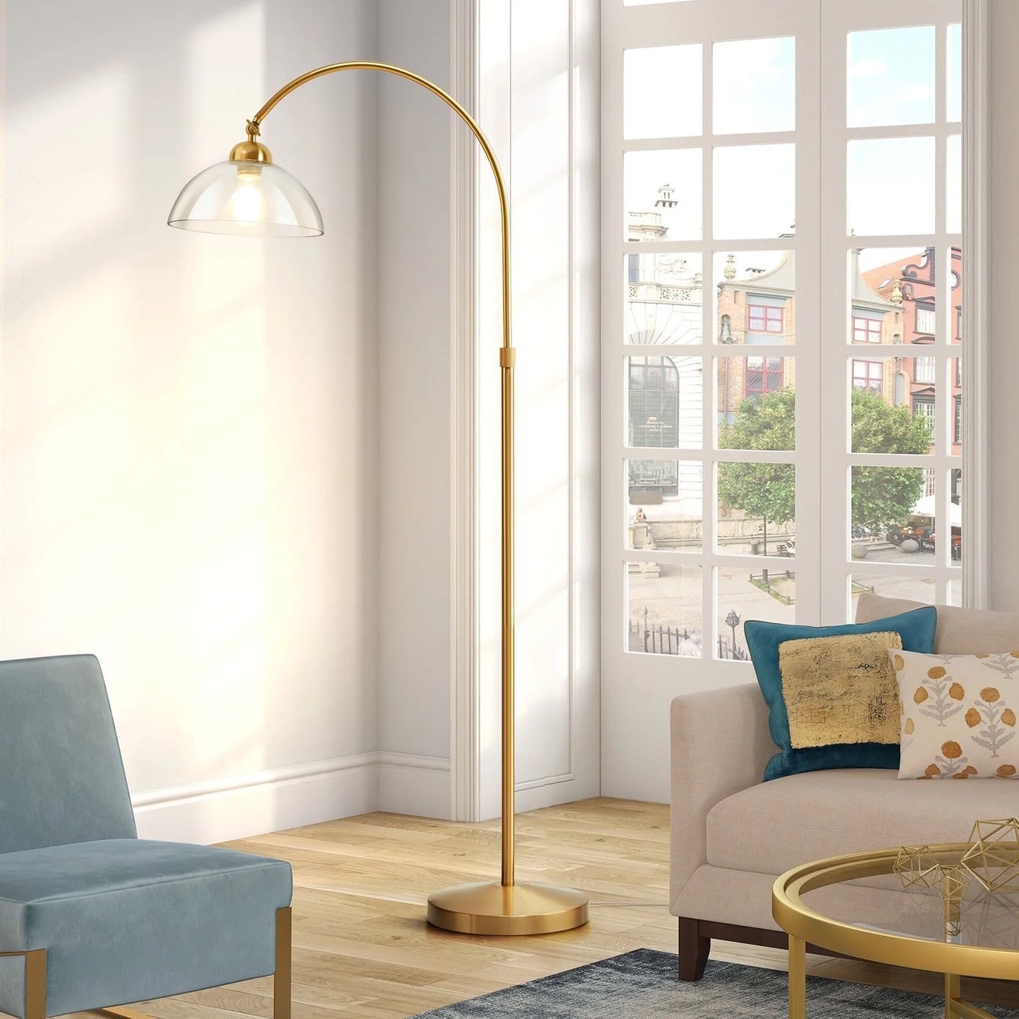 NATYSWAN Arc Floor Lamp for Living Room,Modern Standing Lamp with Glass Lampshade&Sturdy Base,Gold Corner Tall Pole Lamps for Bedroom Office,62.6in