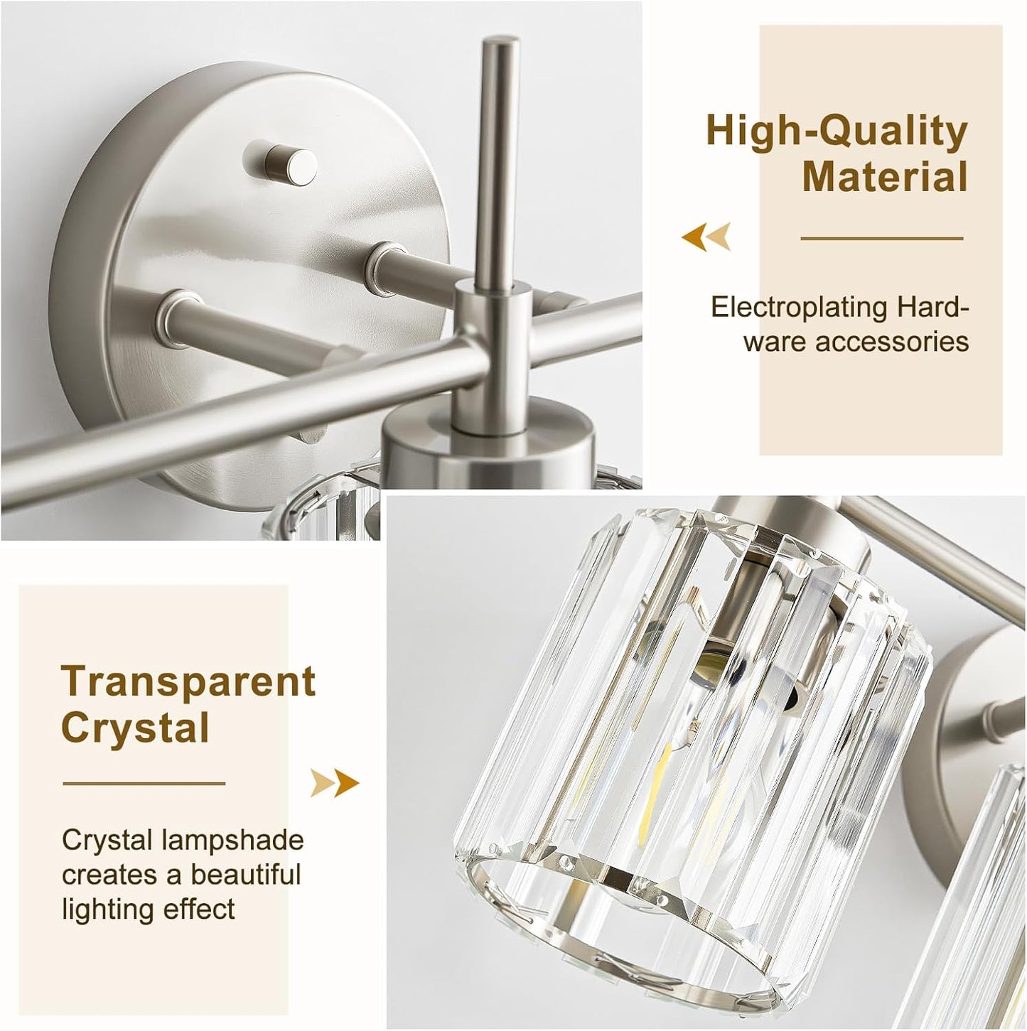 NATYSWAN Crystal Bathroom Vanity Lights(Bulbs Not Included), 4 Light Bath Mirror Light Brushed Nickel Round Crystal Wall Mount Light Fixture Over Mirror Morden for Living Room