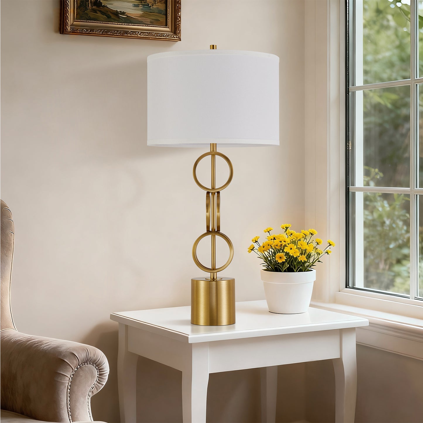 NATYSWAN 32-inch Gold Table Lamp with LED Bulb Included, Elegant Drum Shade & Rotary Switch for Bedroom, Living Room, Office