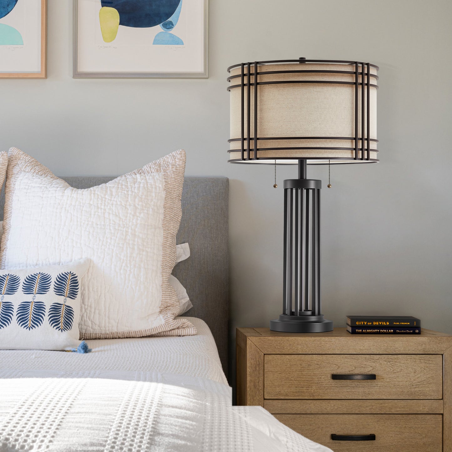 NATYSWAN 29.8-inch Industrial Table Lamp with Pull-Chain Switch,Wide Drum Shade for Living Room, Bedroom, Office(Not Included Bulb)