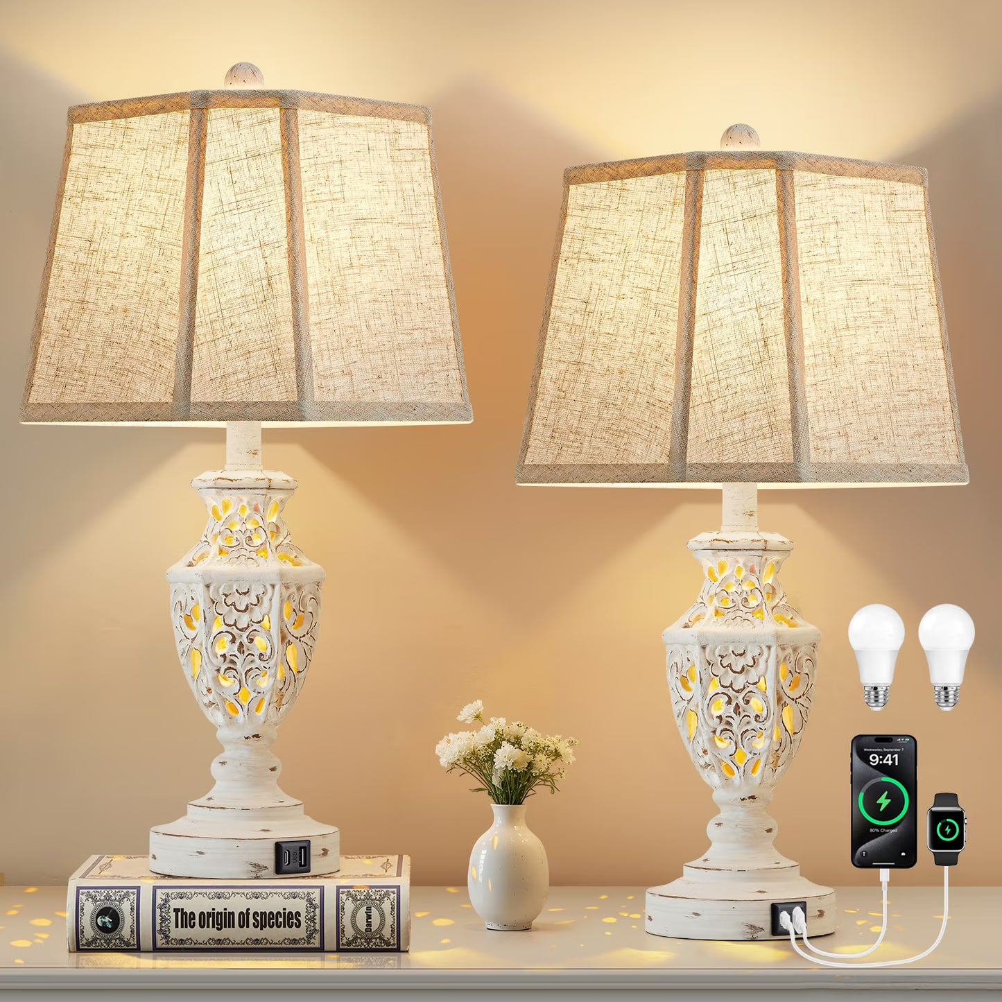 NATYSWAN Table Lamps Set of 2, 23.5"Bedside Lamp with USB A+C and Nightlight, Cream Modern Resin End Lamps for Bedroom Living Room