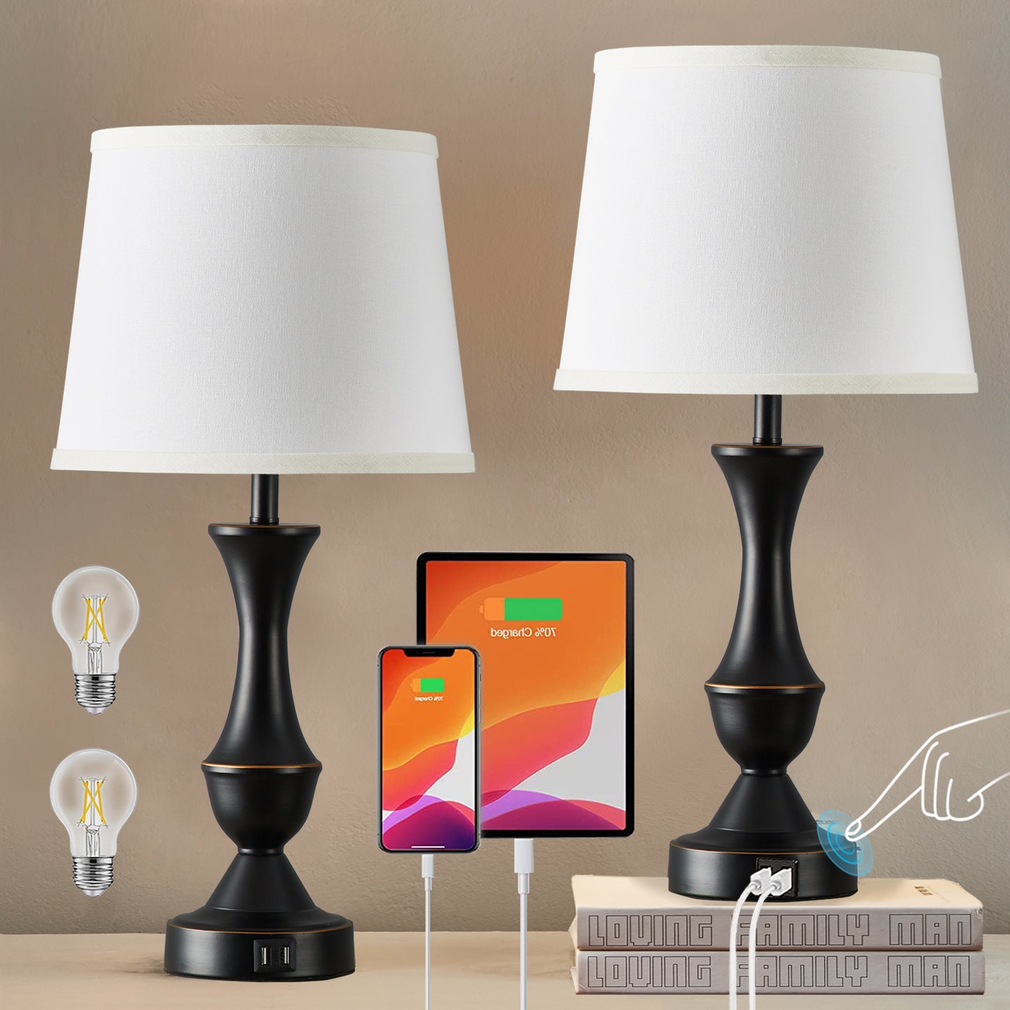Natyswan Touch Lamps for Bedrooms Set of 2, Bedside Lamp with Dual USB Charging Ports, 3 Way Dimmable Nightstand Lamps with Premium Linen Fabric Lampshade for Bedroom, Living Room (Bulb Included)
