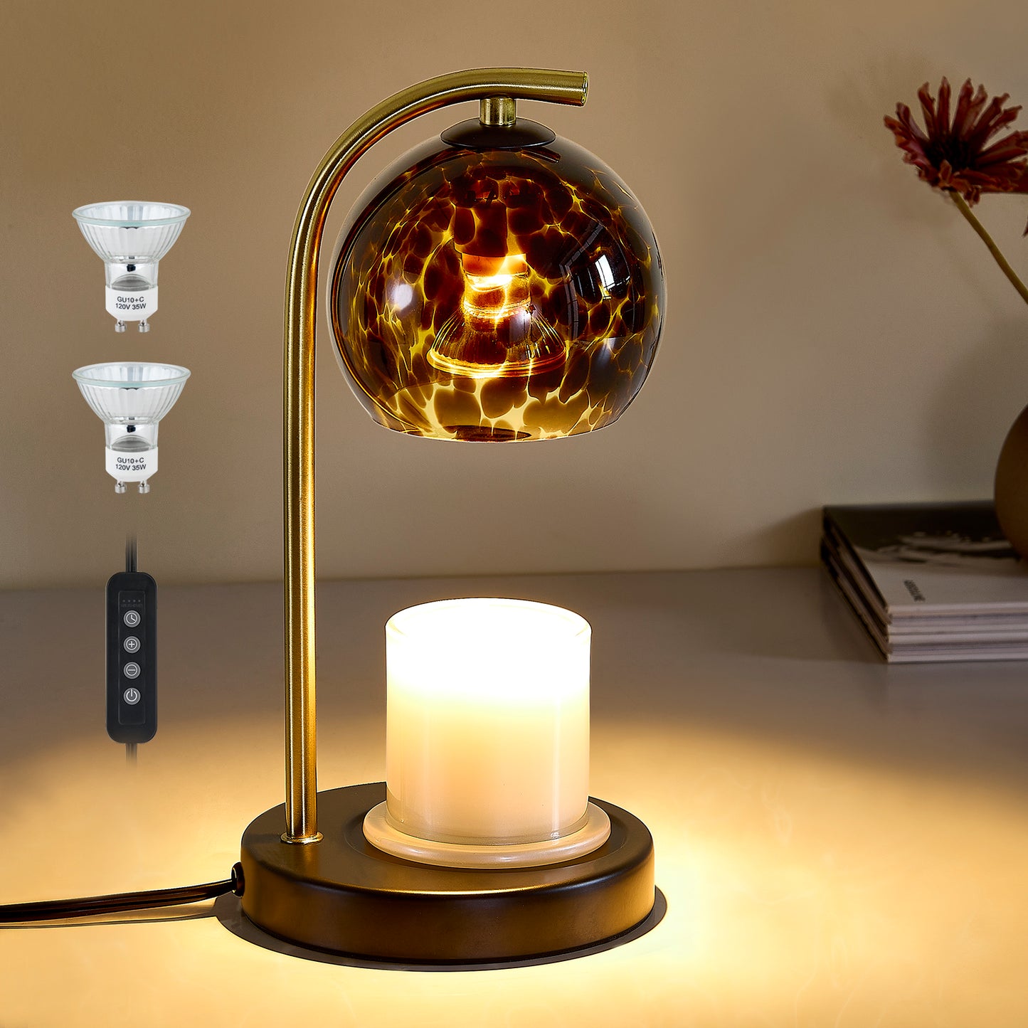 NATYSWAN Amber Glass Electric Candle Warmer with Timer & Dimmer Wax Melts Warmer for Candle Jars, Ideal Gift, Bedroom Home Decor, No Flame Scented Candle Warmer with 2 Bulbs