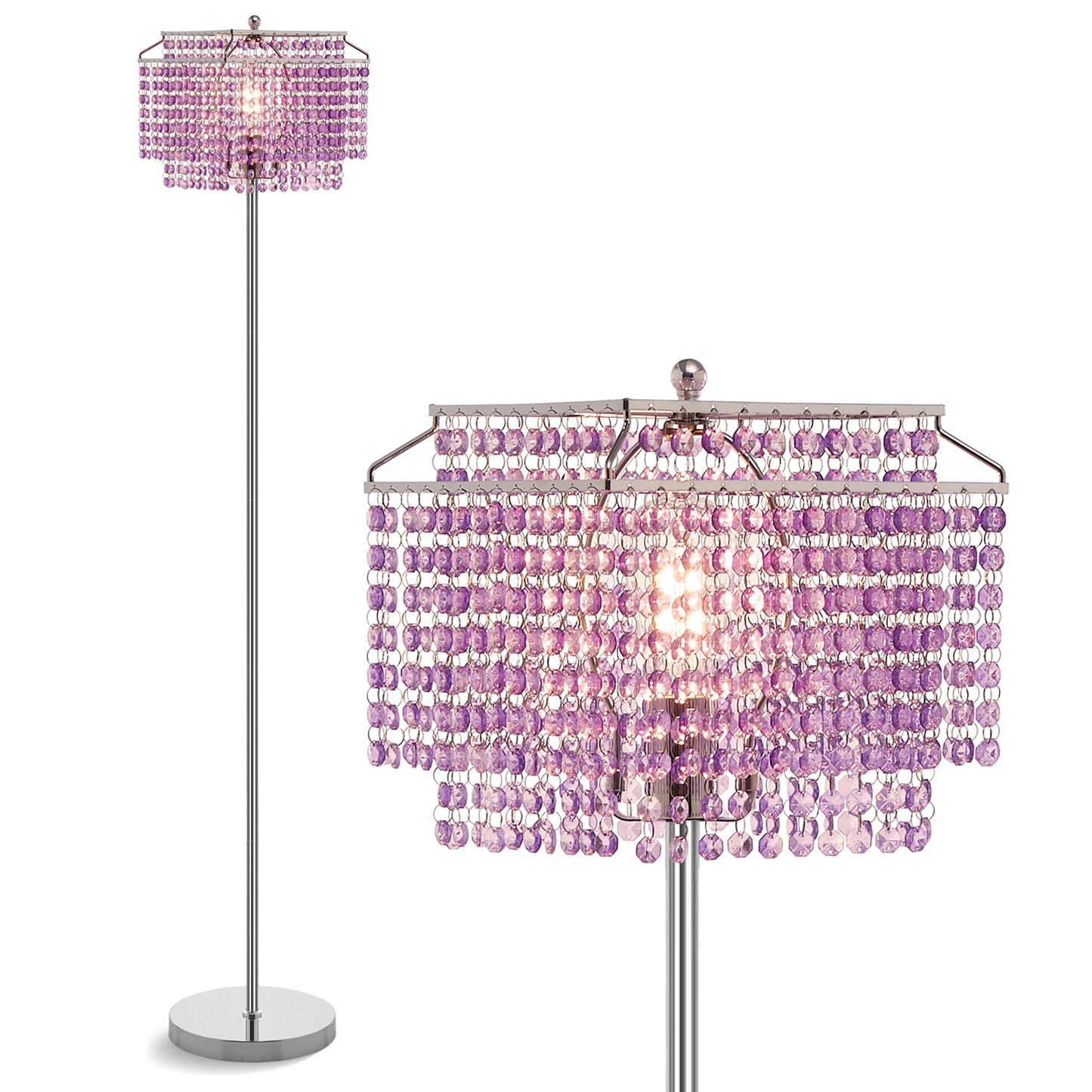 NATYSWAN Crystal Floor Lamp Gold, Modern Standing Lamps with Double-Layer Lampshade, on-off Foot Switch, Gold Finish Tall Pole Lamp for Living Room, Bedroom, Office, 8W Bulb Included