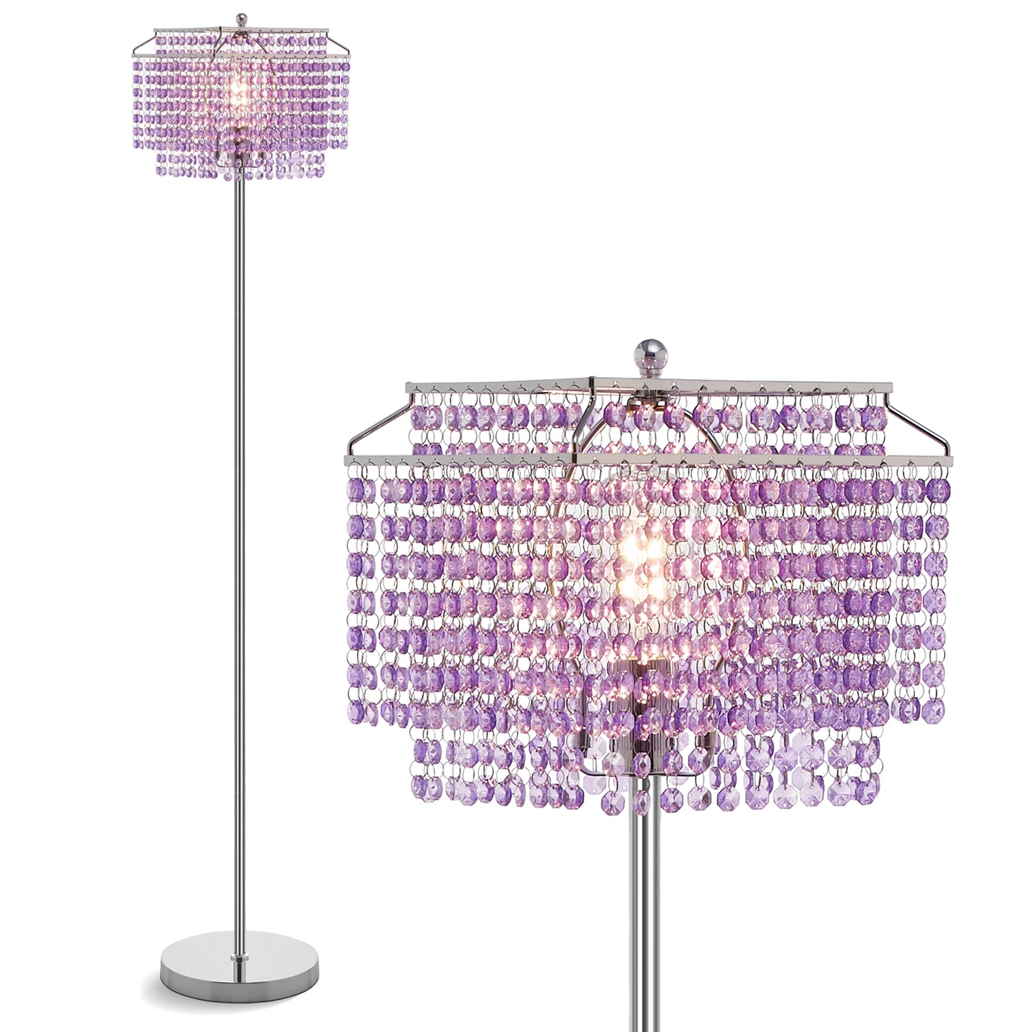 NATYSWAN Crystal Floor Lamp Gold, Modern Standing Lamps with Double-Layer Lampshade, on-off Foot Switch, Gold Finish Tall Pole Lamp for Living Room, Bedroom, Office, 8W Bulb Included