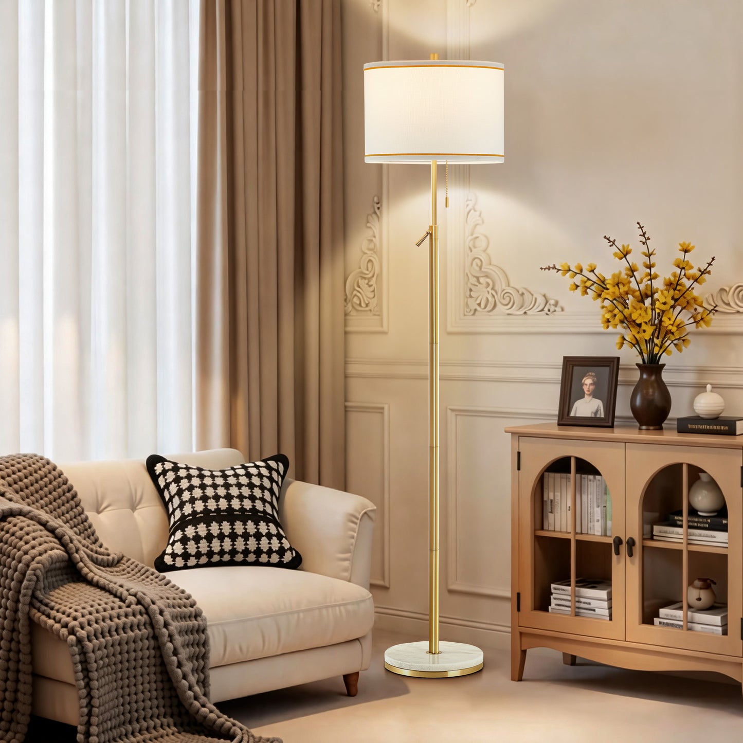 NATYSWAN Modern Floor Lamp for Living Room, Adjustable Height Standing Lamp with Marble Base Tall Lamp with Pull Chain Switch Floor Lamps for Living Room, Bedroom & Office Bulbs Not Included