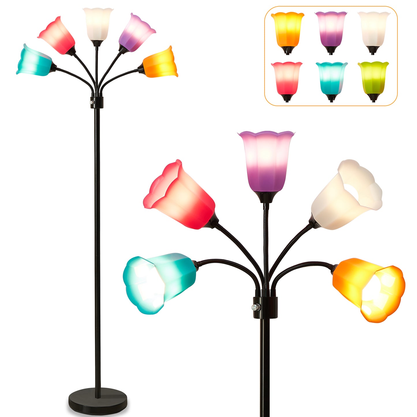 NATYSWAN Medusa LED Floor Lamp, Multi Head Modern Tall Lamp with Adjustable Gooseneck Standing Lamps Led Tall Lamp for Living Room Bedroom Kids Room Office 6 Color Lampshades Bulb Not Included