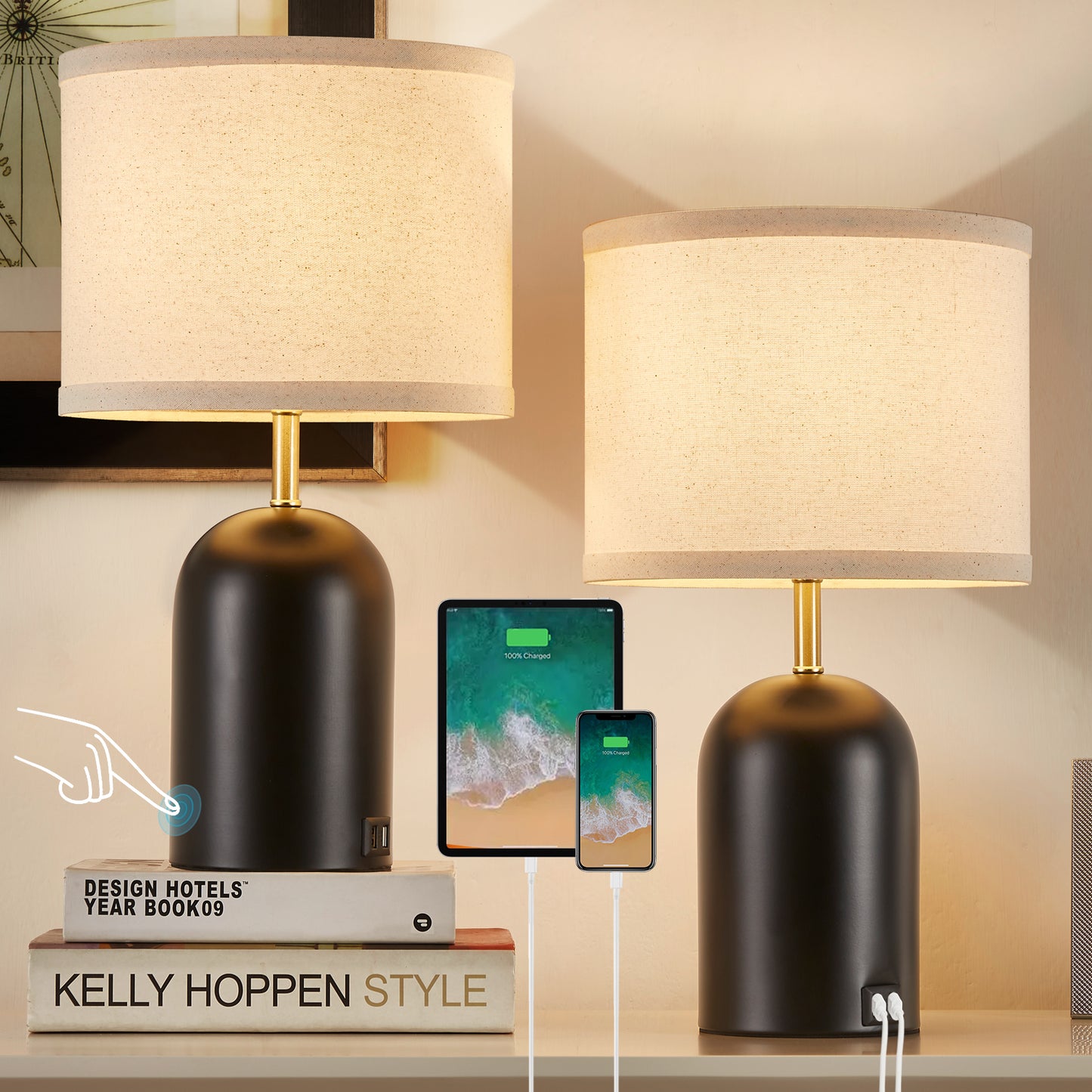 Natyswan Touch Control Table Lamps Set of 2, Modern Bedside Lamp with 2 USB Ports, 3-Way Dimmable Black Nightstand Lamp with Fabric Shade for Living Room Bedroom Office Dorm (LED Bulbs Included)