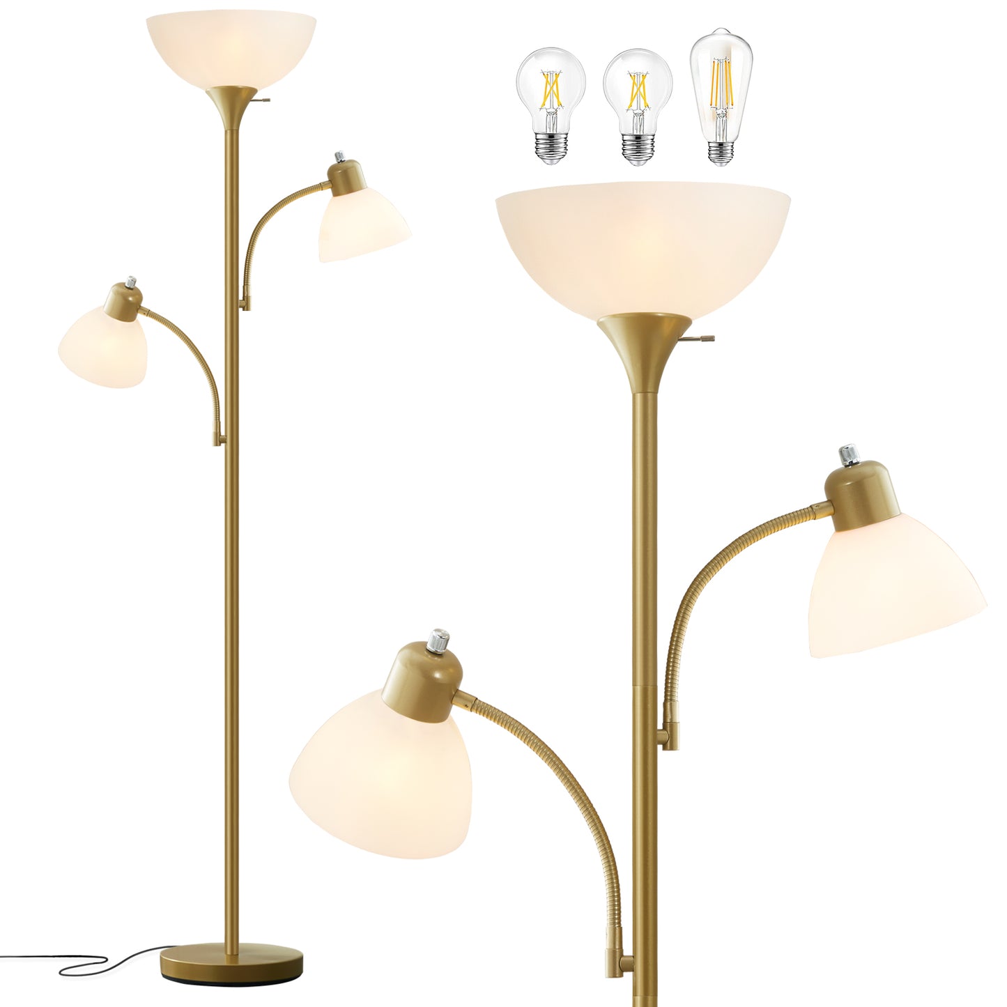 NATYSWAN Floor Lamps for Living Room,Torchiere Floor Lamp with 8W Adjustable Reading Lights, Morden Tall Lamps for Living Room, Bedroom, Office, 3 Bulbs Included