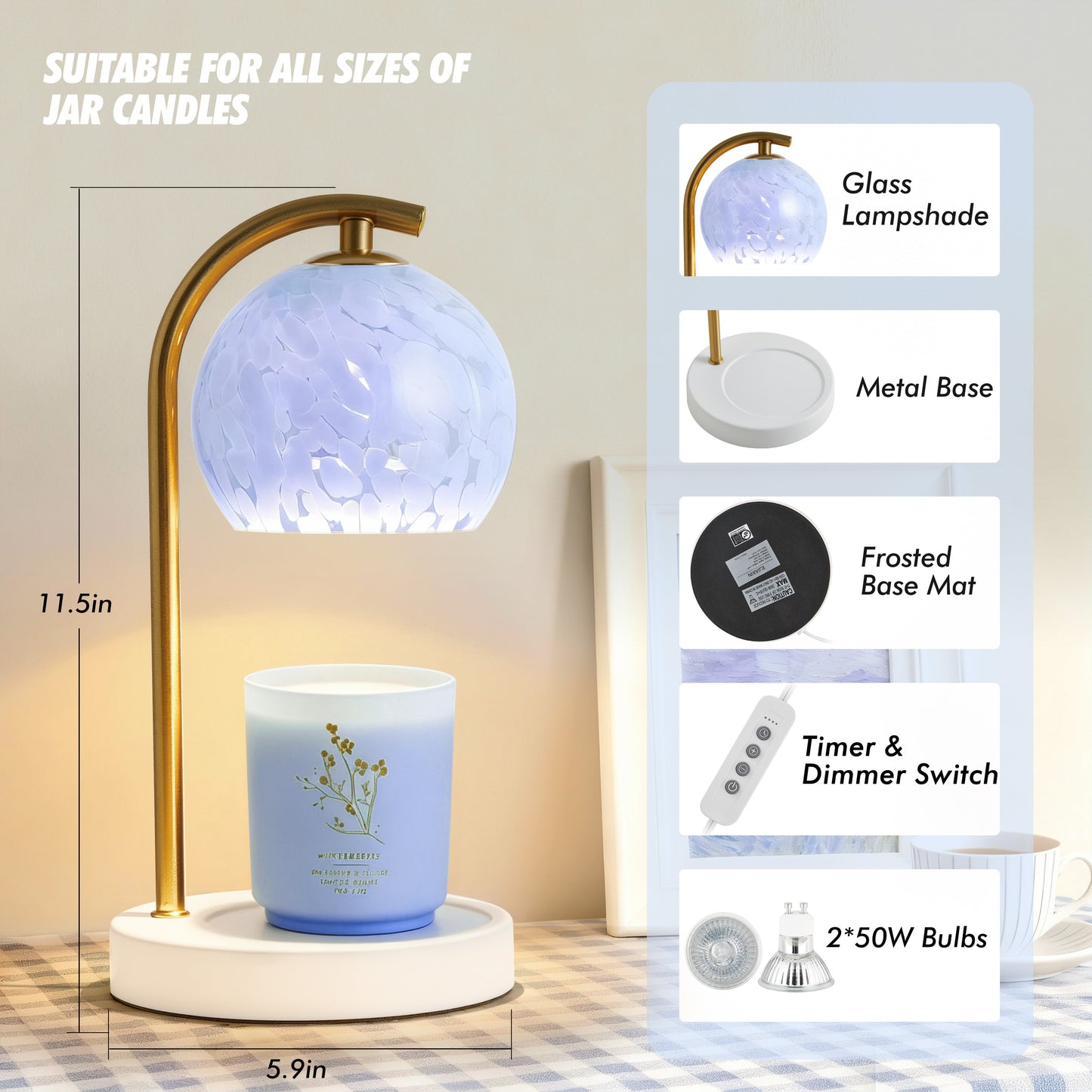 NATYSWAN Amber Glass Electric Candle Warmer with Timer & Dimmer Wax Melts Warmer for Candle Jars, Ideal Gift, Bedroom Home Decor, No Flame Scented Candle Warmer with 2 Bulbs