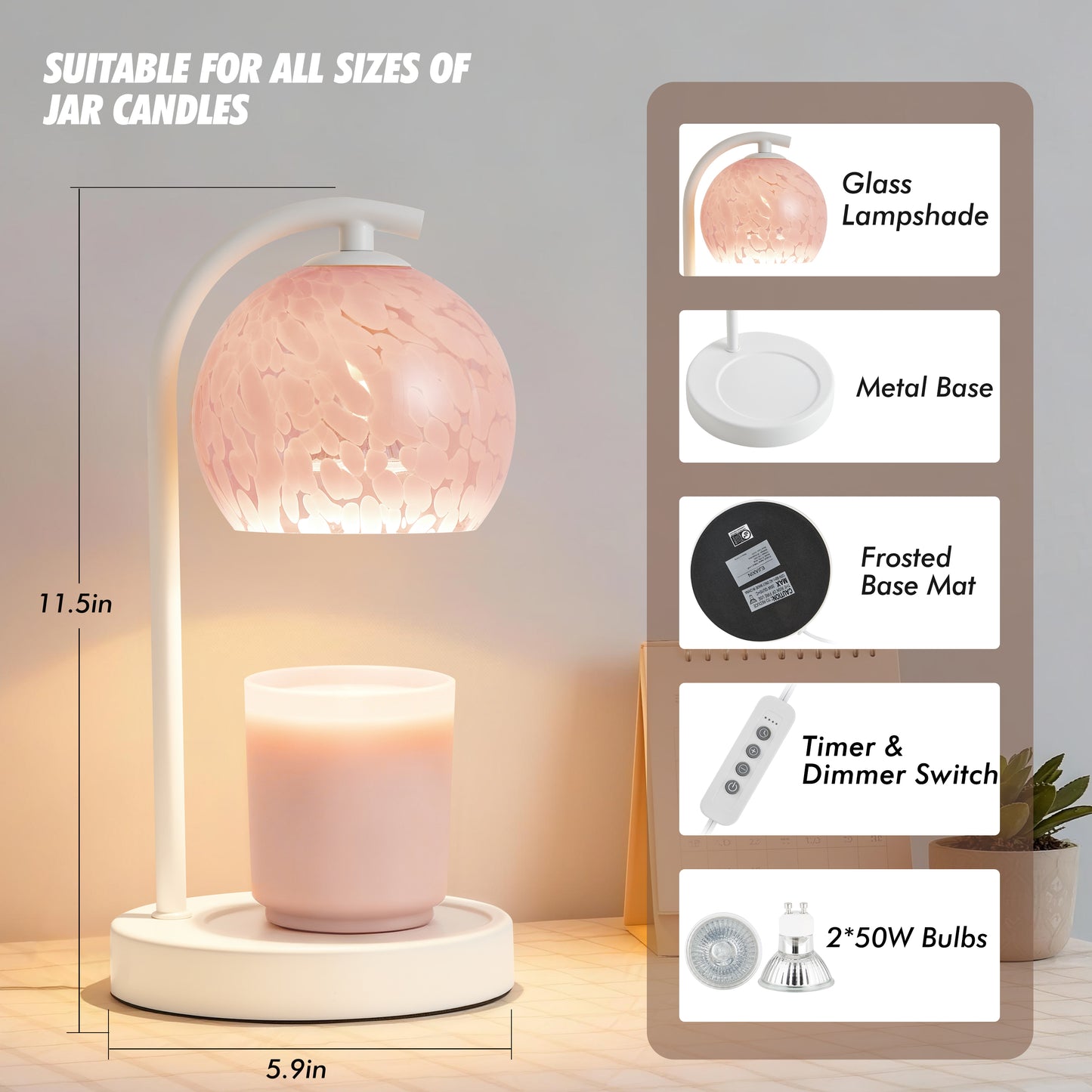 NATYSWAN Amber Glass Electric Candle Warmer with Timer & Dimmer Wax Melts Warmer for Candle Jars, Ideal Gift, Bedroom Home Decor, No Flame Scented Candle Warmer with 2 Bulbs