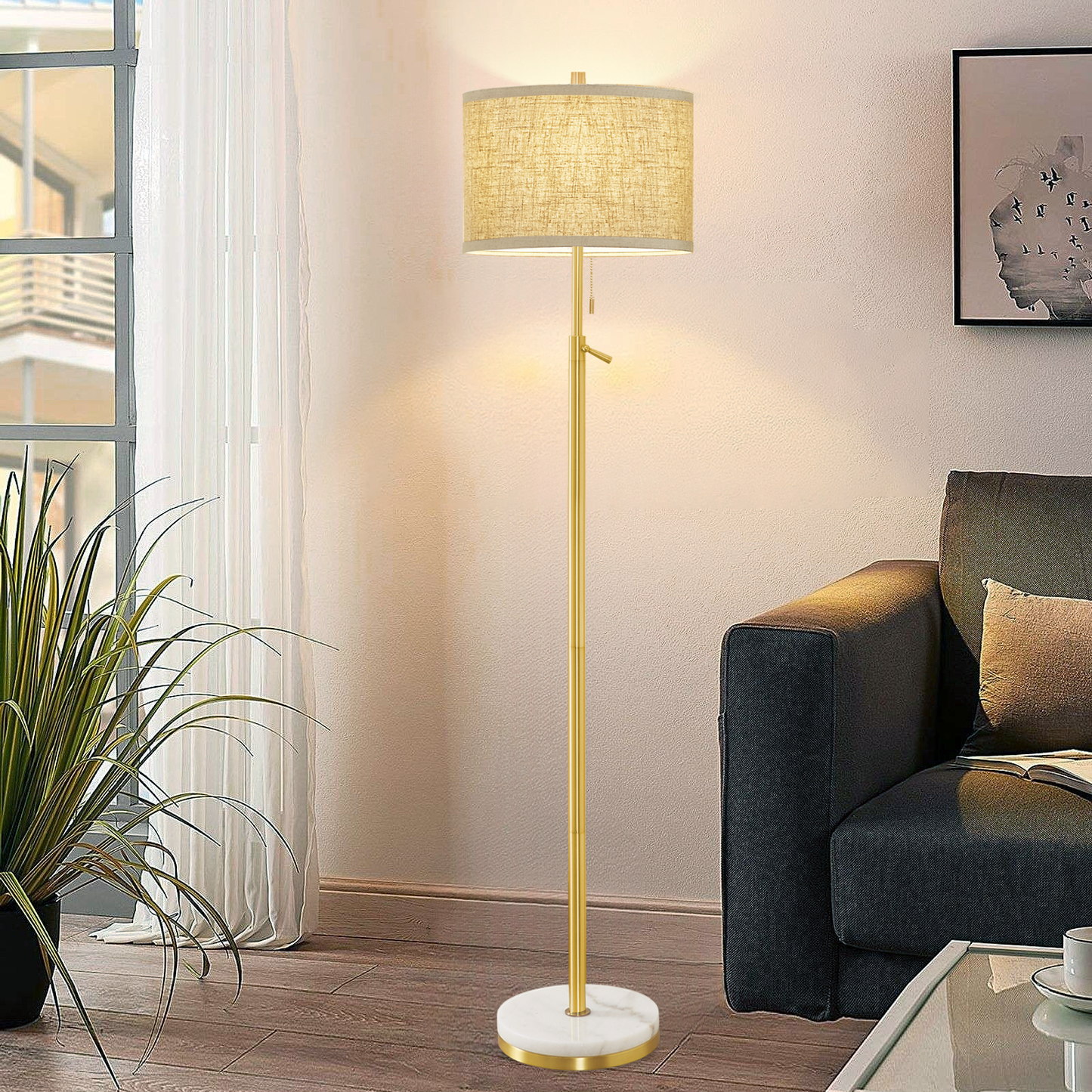 NATYSWAN Modern Floor Lamp for Living Room, Adjustable Height Standing Lamp with Marble Base Tall Lamp with Pull Chain Switch Floor Lamps for Living Room, Bedroom & Office Bulbs Not Included