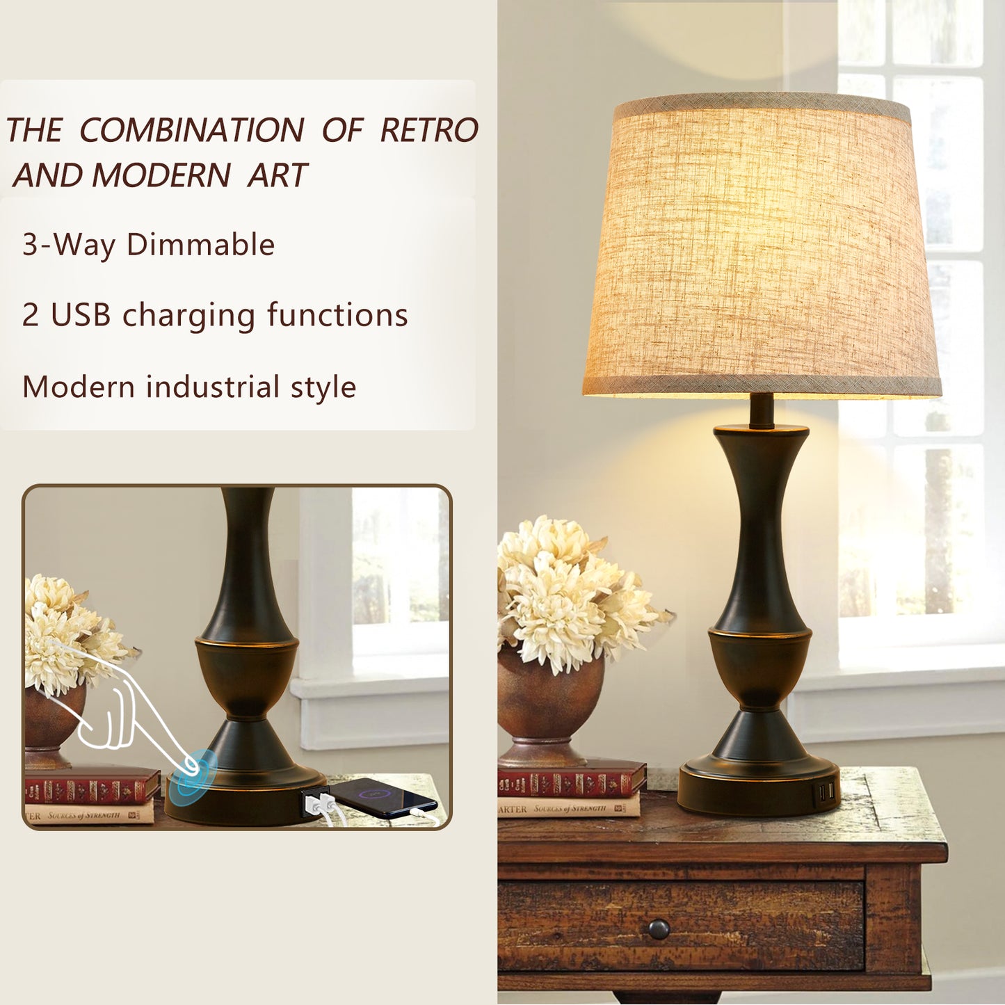 Natyswan Touch Lamps for Bedrooms Set of 2, Bedside Lamp with Dual USB Charging Ports, 3 Way Dimmable Nightstand Lamps with Premium Linen Fabric Lampshade for Bedroom, Living Room (Bulb Included)