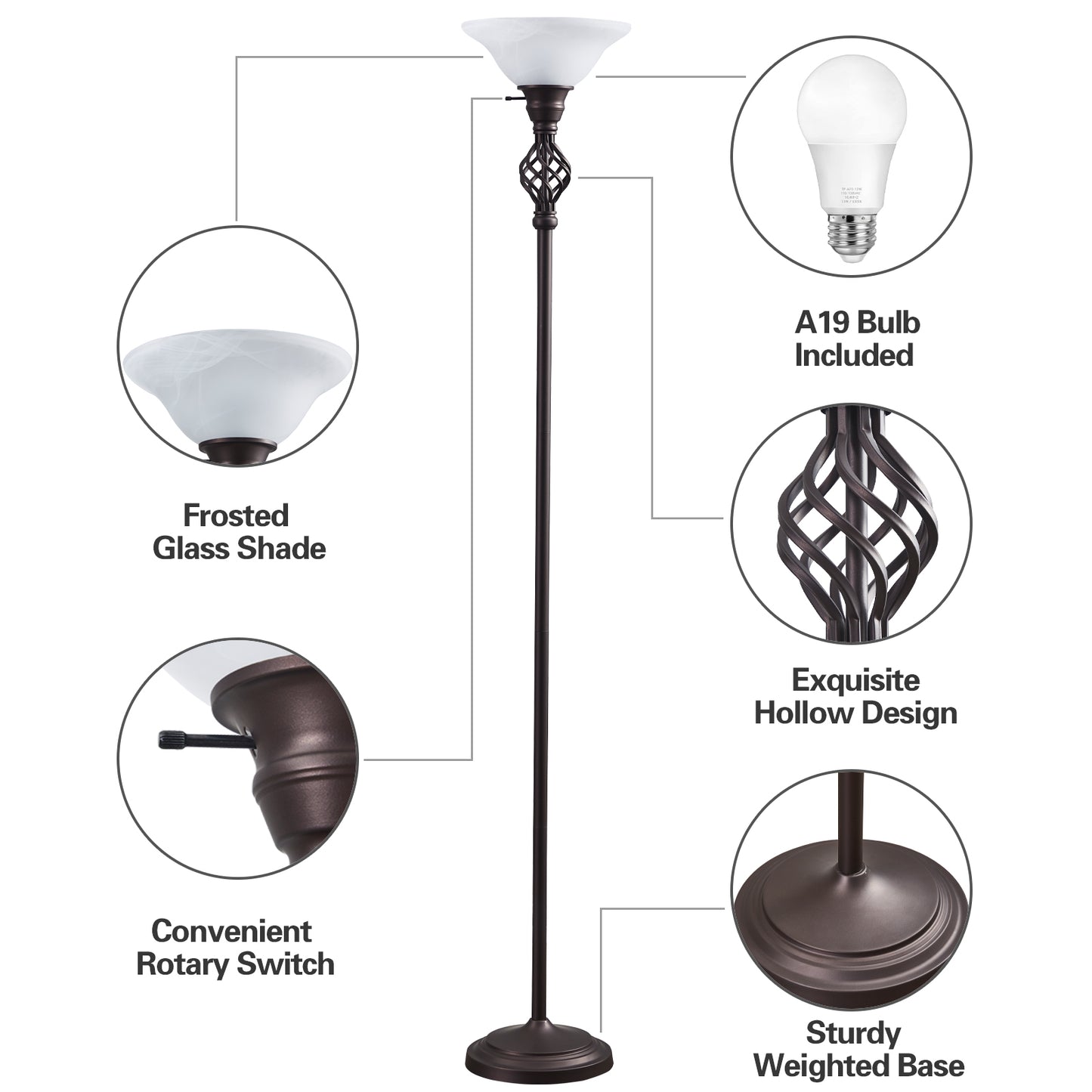 NATYSWAN Standing Lamp with Adjustable Side Reading Light, Floor Lamps for Living Room with Glass Shade 72-Inch Torchiere Tall Lamps Decor for Bedroom Living Room Den Office (Bulb Included)