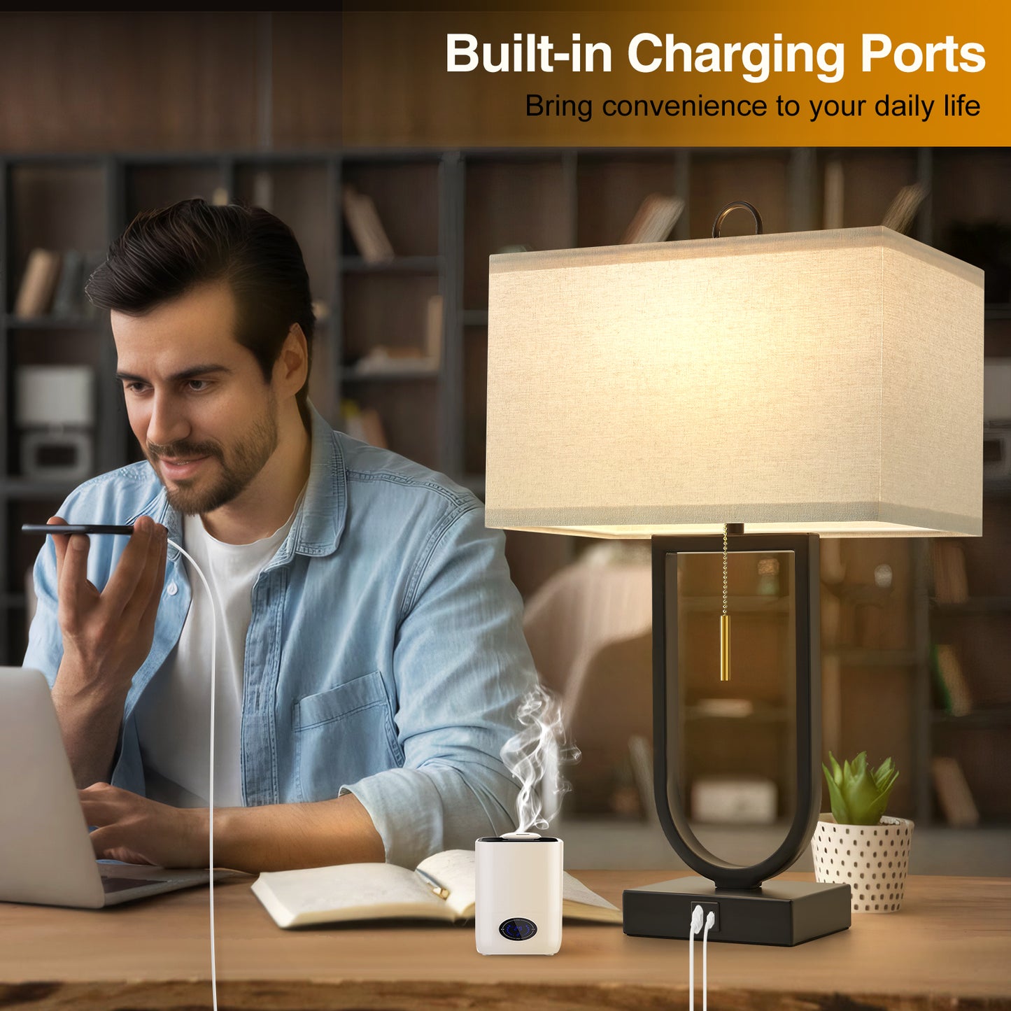 NATYSWAN 24'' Table Lamps Set of 2 with USB C+A Ports, 3-Way Dimmable Tall Modern Lamps for Night Stands, Contemporary Lamp for Living Room Home Office, Pull Chain Switch&2 LED Bulbs Included