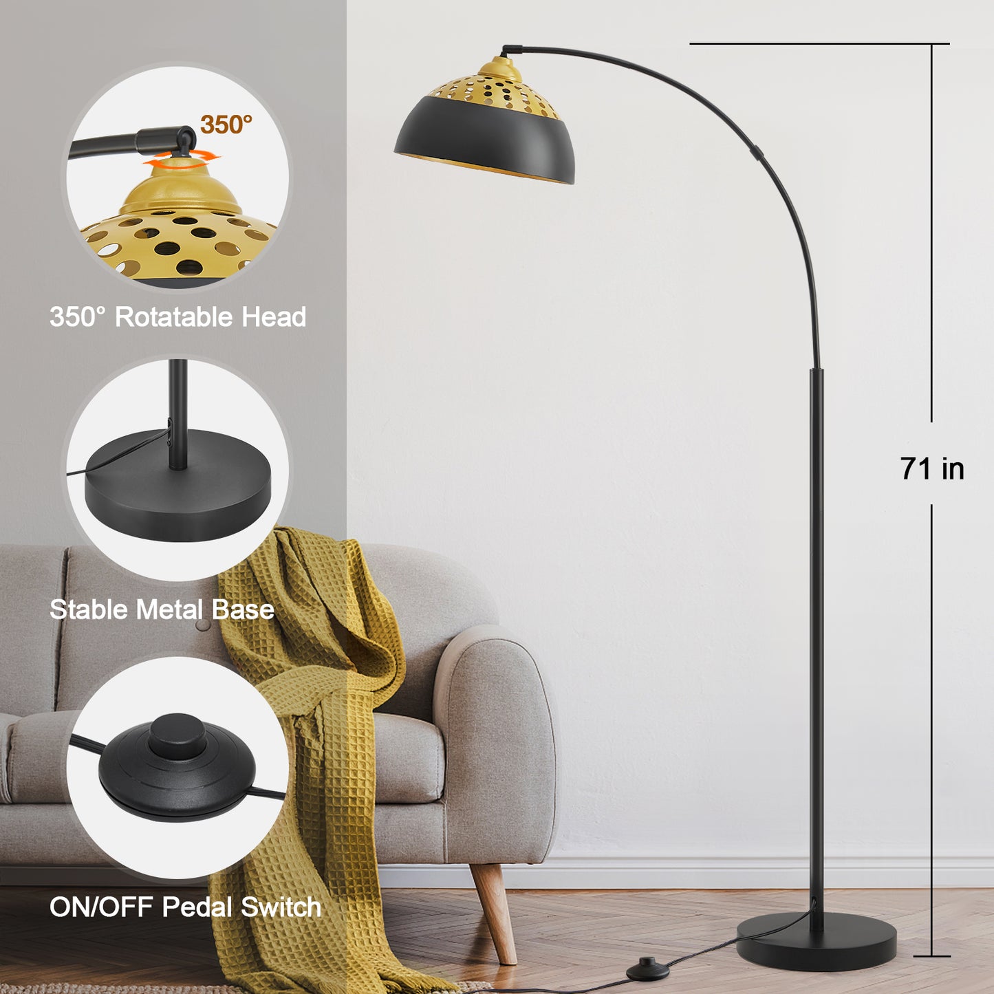NATYSWAN 71" Arc Floor Lamps for Living Room, Modern Standing Lamp with Adjustable Hanging Metal Hollow Shade, Tall Pole Lamp with Foot Switch, Over Couch Arched Reading Light for Bedroom, Office