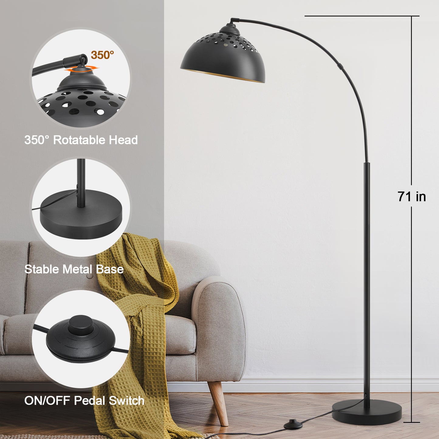 NATYSWAN 71" Arc Floor Lamps for Living Room, Modern Standing Lamp with Adjustable Hanging Metal Hollow Shade, Tall Pole Lamp with Foot Switch, Over Couch Arched Reading Light for Bedroom, Office
