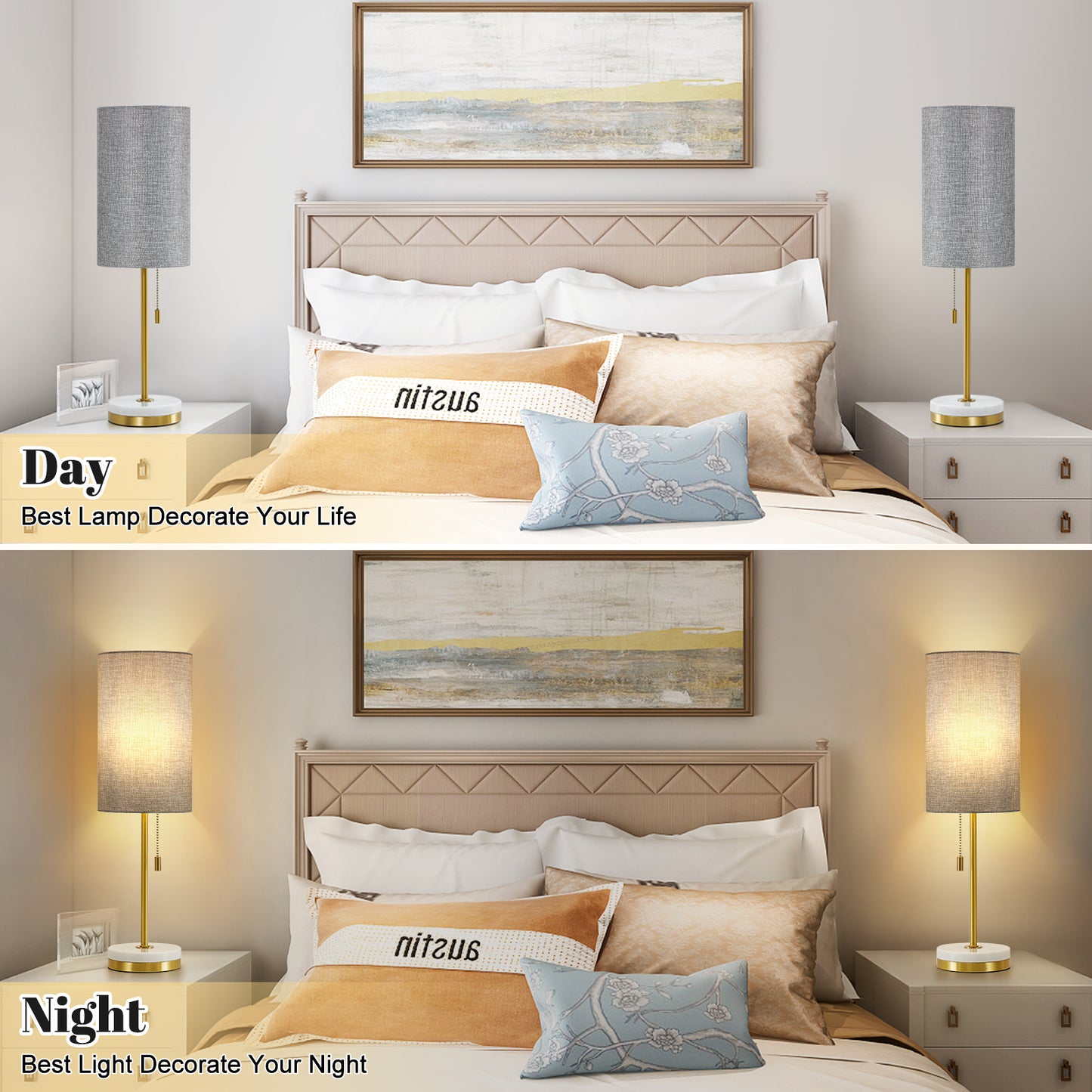 NATYSWAN Minimalist Table Lamp Set of 2, Nightstand Lamp for Bedroom Living Room, Modern Pull Chain Bedside Lamp with Marble Base, Fabric Shade, Small Desk Lamp for Home, Office, Reading