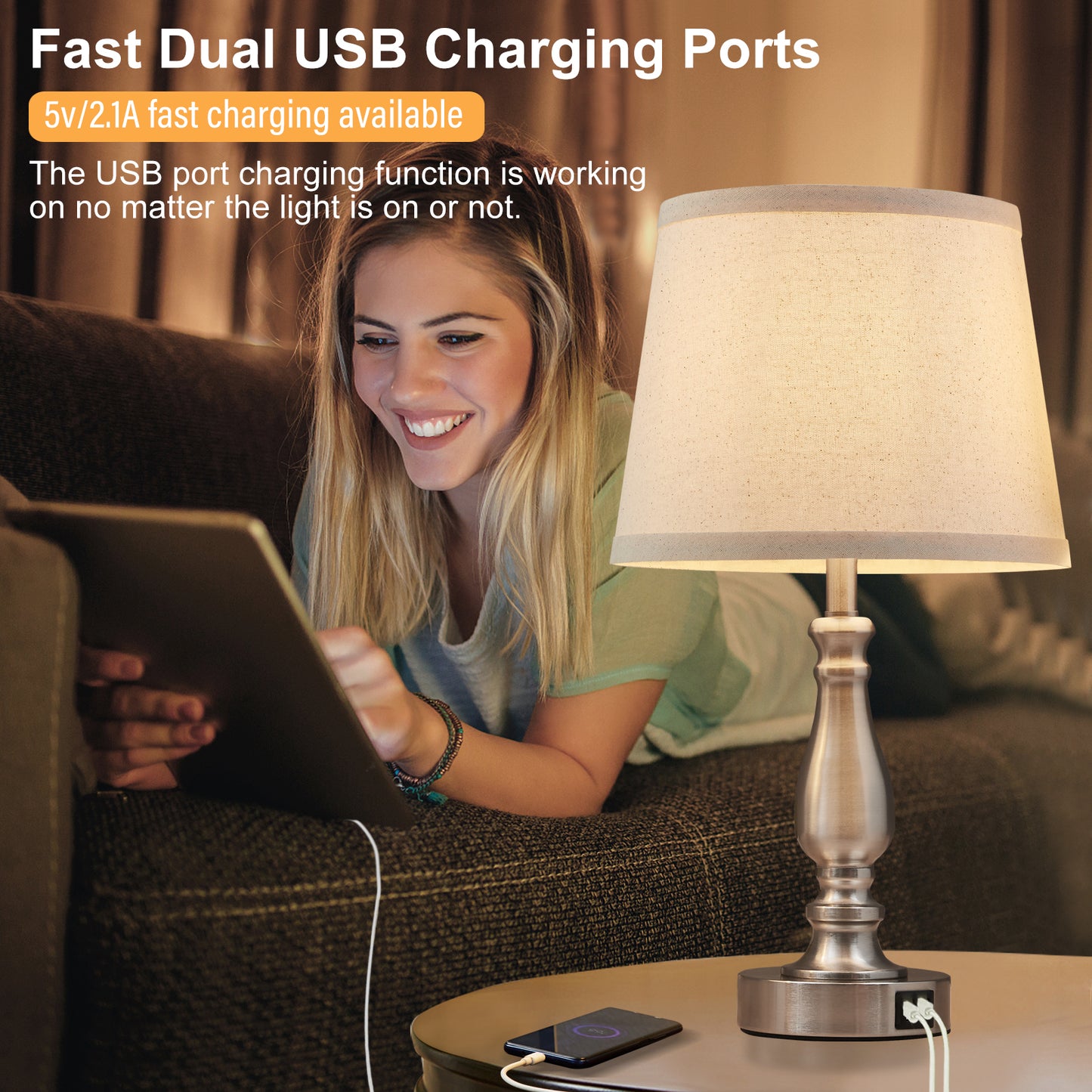 NATYSWAN Table Lamps Set of 2, Lamps for Bedroom with USB Charging Ports, 3 Way Dimmable Touch with Linen Fabric Lampshade, Modern Small Lamp for Nightstand, Living Room (Bulbs Included)