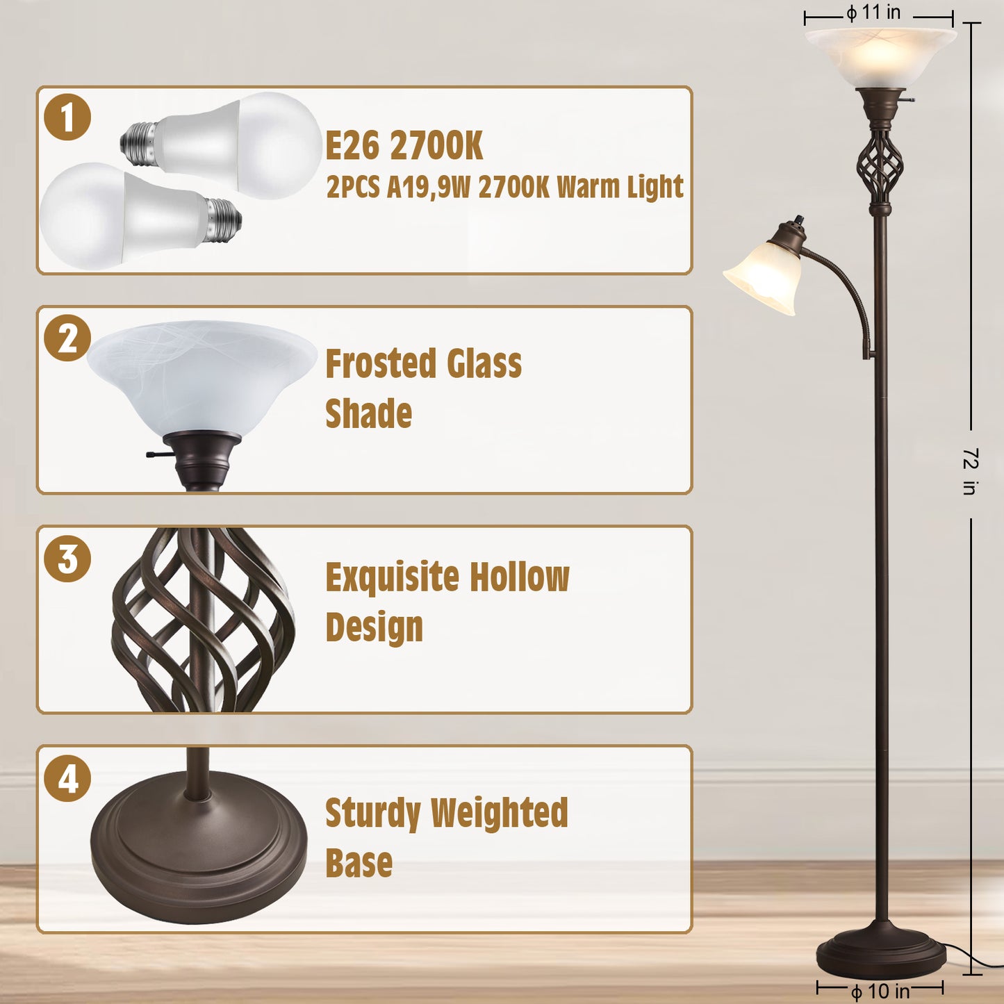 NATYSWAN Standing Lamp with Adjustable Side Reading Light, Floor Lamps for Living Room with Glass Shade 72-Inch Torchiere Tall Lamps Decor for Bedroom Living Room Den Office (Bulb Included)