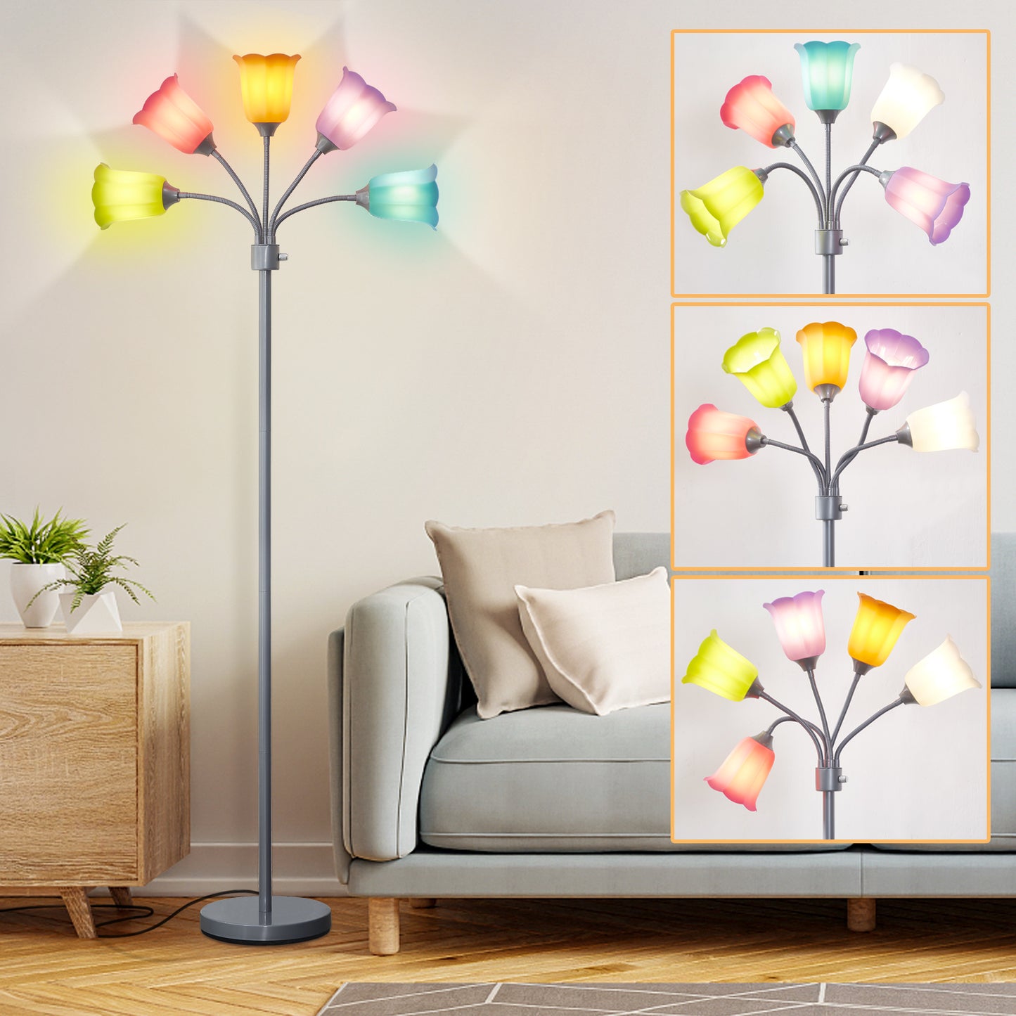 NATYSWAN Medusa LED Floor Lamp, Multi Head Modern Tall Lamp with Adjustable Gooseneck Standing Lamps Led Tall Lamp for Living Room Bedroom Kids Room Office 6 Color Lampshades Bulb Not Included