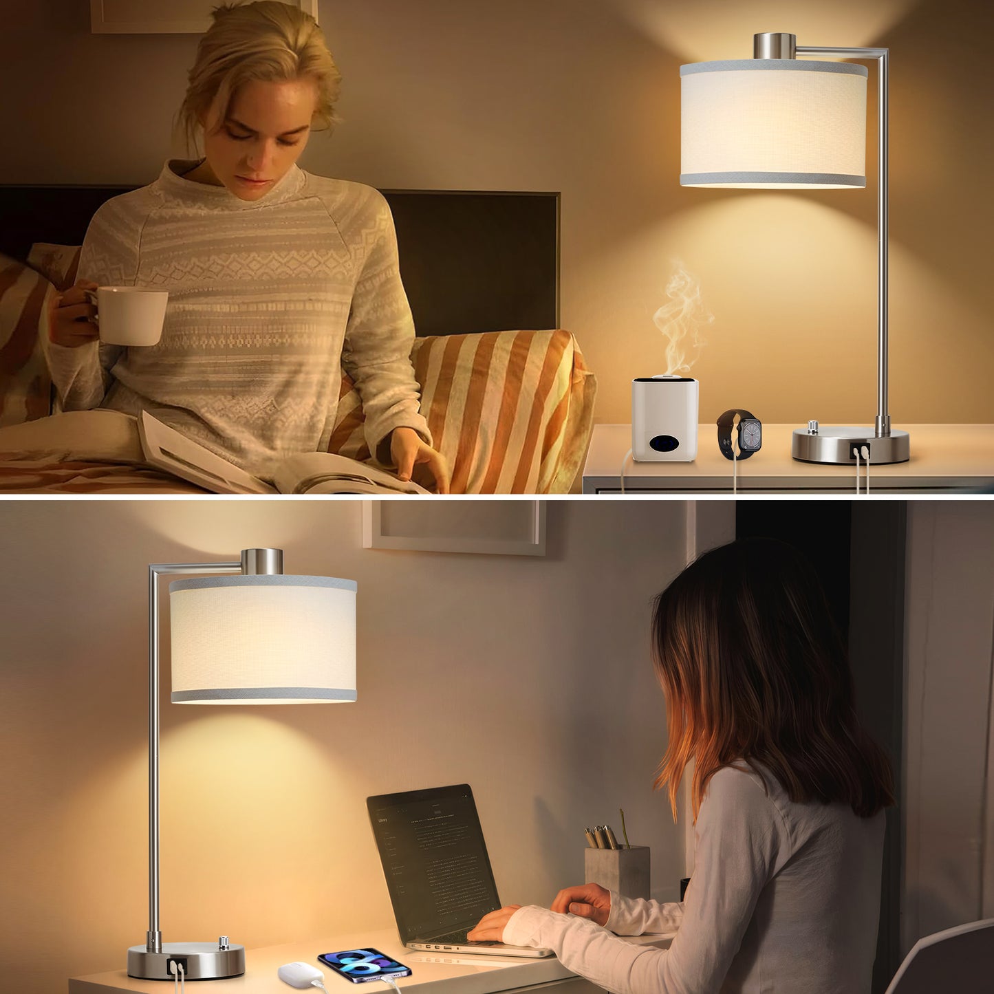 NATYSWAN Table Lamp for Bedroom Set of 2 with USB C+A Ports, Fully Stepless Dimmable Bedside Lamp with Linen Lampshade, Nightstand Lamp for Living Room Reading Office, 2 LED Bulbs Included