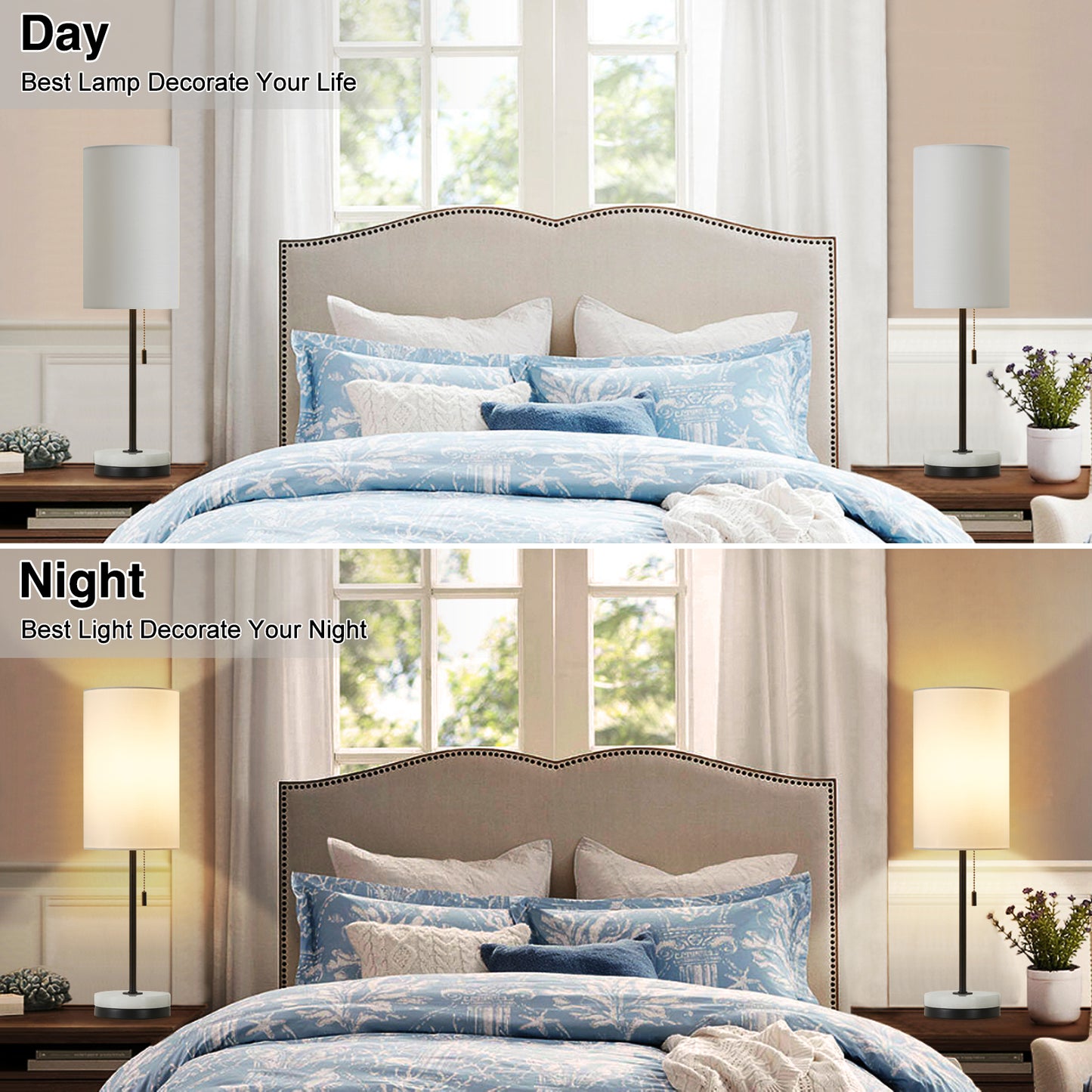 NATYSWAN Minimalist Table Lamp Set of 2, Nightstand Lamp for Bedroom Living Room, Modern Pull Chain Bedside Lamp with Marble Base, Fabric Shade, Small Desk Lamp for Home, Office, Reading