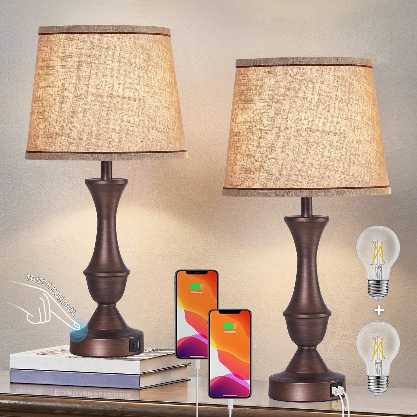 Natyswan Touch Lamps for Bedrooms Set of 2, Bedside Lamp with Dual USB Charging Ports, 3 Way Dimmable Nightstand Lamps with Premium Linen Fabric Lampshade for Bedroom, Living Room (Bulb Included)