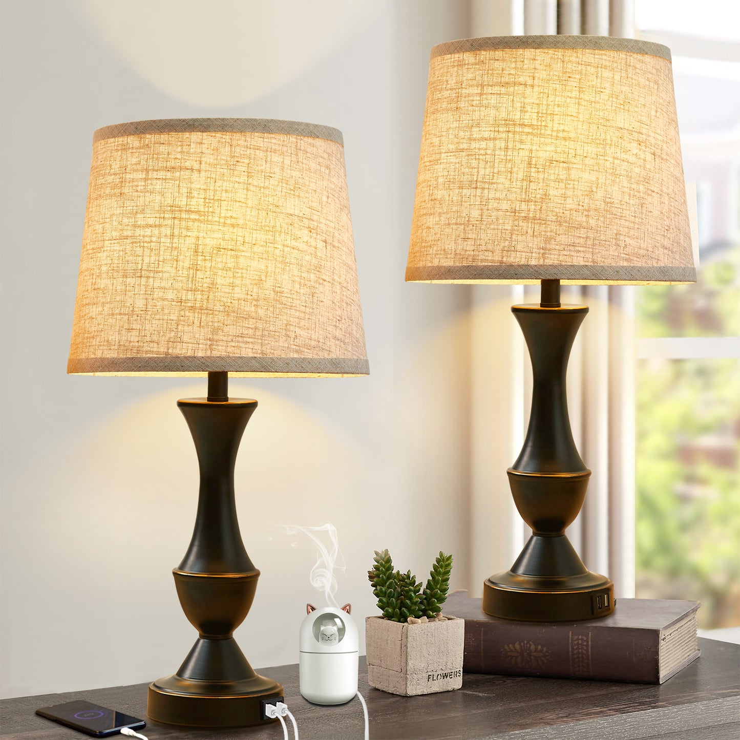 Natyswan Touch Lamps for Bedrooms Set of 2, Bedside Lamp with Dual USB Charging Ports, 3 Way Dimmable Nightstand Lamps with Premium Linen Fabric Lampshade for Bedroom, Living Room (Bulb Included)