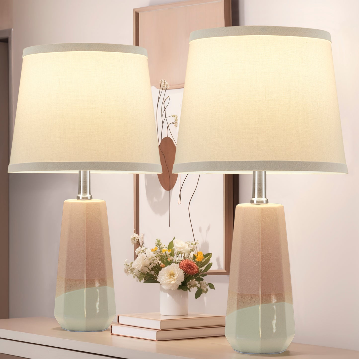NATYSWAN 20.2" Ceramic Table Lamp Set of 2, Beside Lamps Nightstand Lamp Bedroom Lamp Modern Table Lamp for Living Room, Bedroom & Office Rocker Swtich LED Bulbs Included