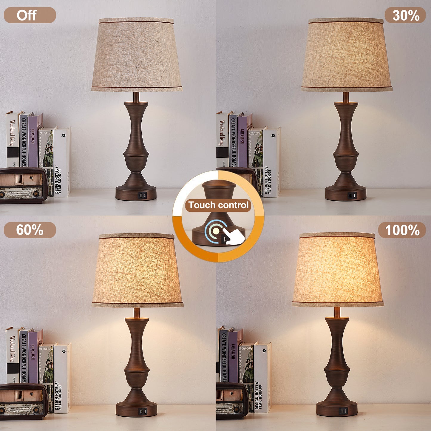 Natyswan Touch Lamps for Bedrooms Set of 2, Bedside Lamp with Dual USB Charging Ports, 3 Way Dimmable Nightstand Lamps with Premium Linen Fabric Lampshade for Bedroom, Living Room (Bulb Included)