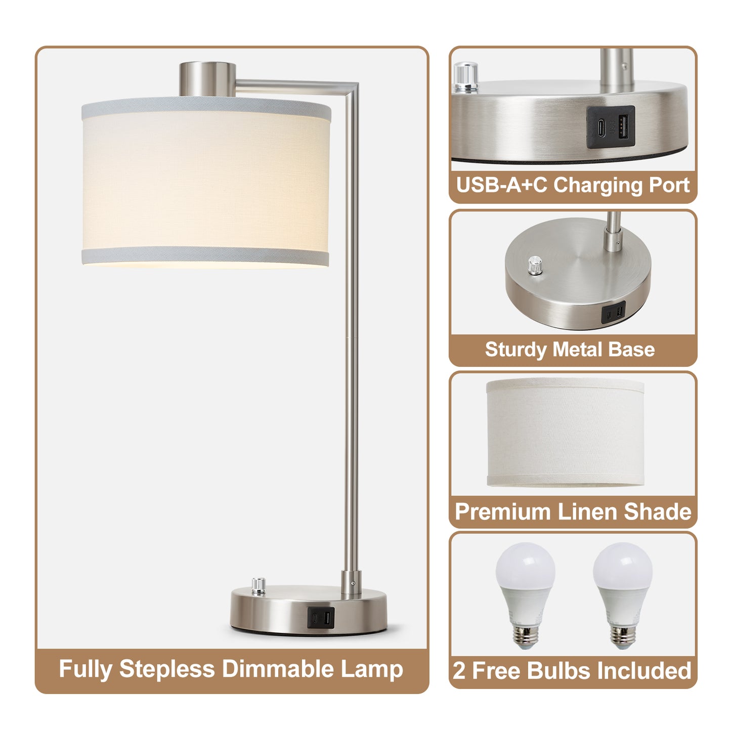 NATYSWAN Table Lamp for Bedroom Set of 2 with USB C+A Ports, Fully Stepless Dimmable Bedside Lamp with Linen Lampshade, Nightstand Lamp for Living Room Reading Office, 2 LED Bulbs Included