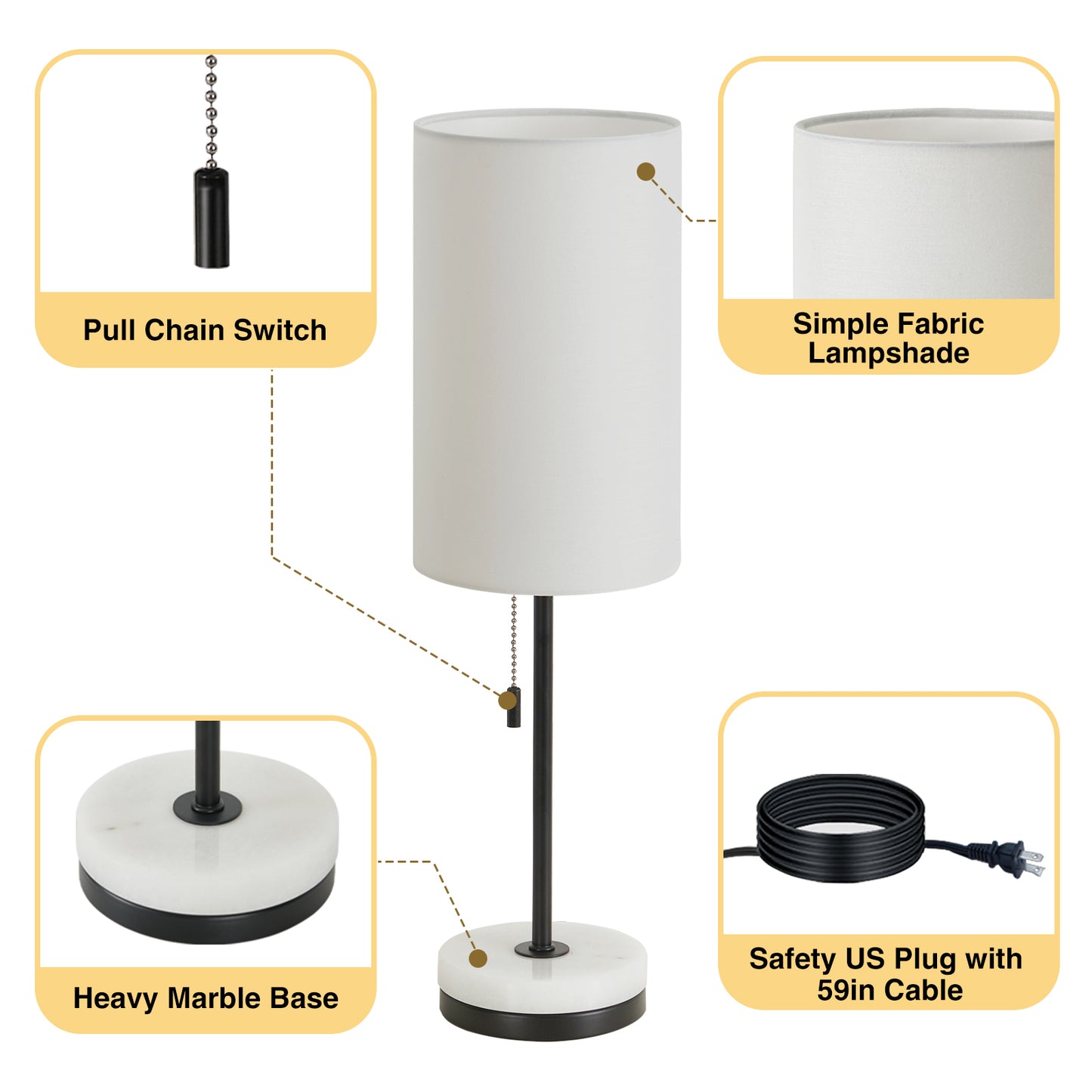 NATYSWAN Minimalist Table Lamp Set of 2, Nightstand Lamp for Bedroom Living Room, Modern Pull Chain Bedside Lamp with Marble Base, Fabric Shade, Small Desk Lamp for Home, Office, Reading