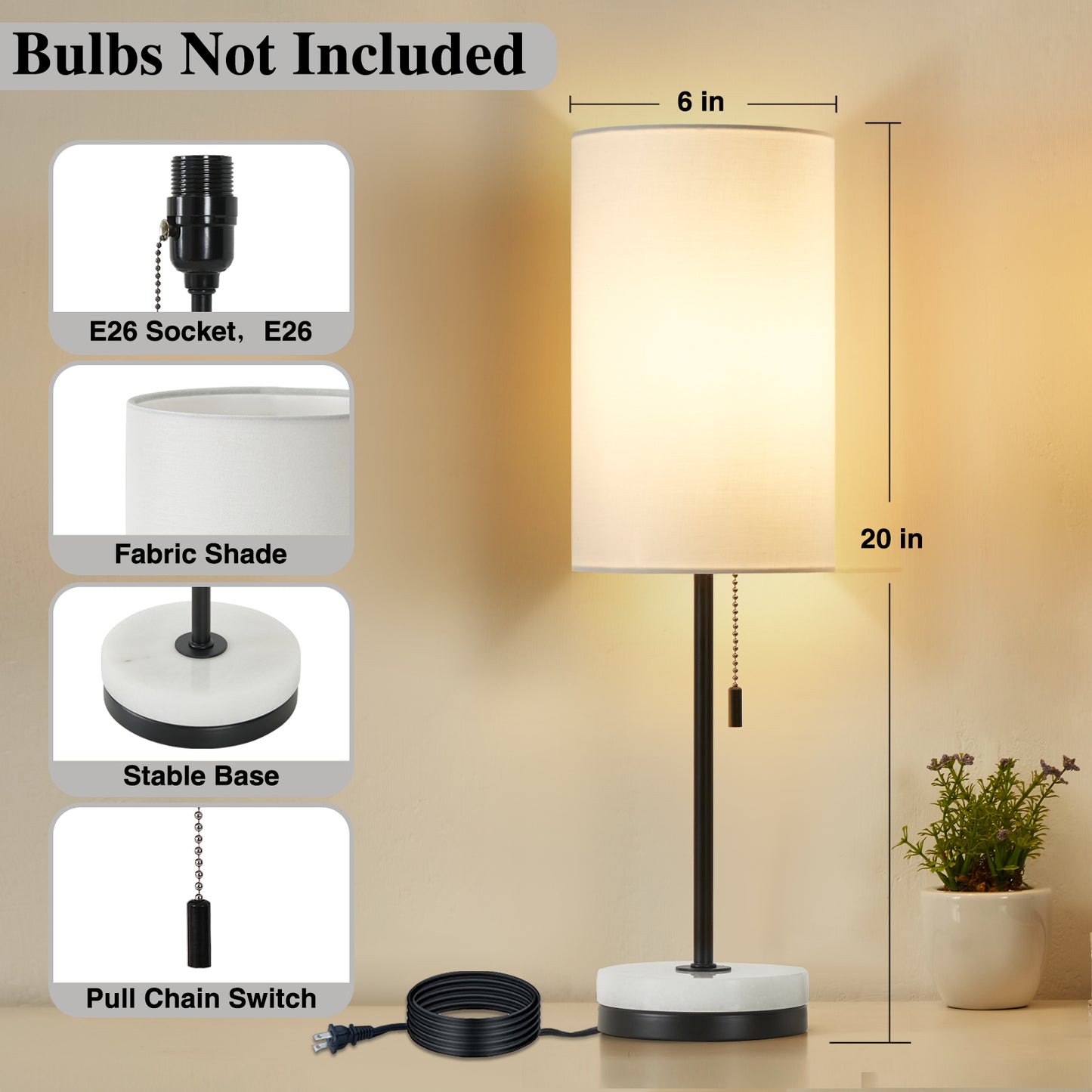 NATYSWAN Minimalist Table Lamp Set of 2, Nightstand Lamp for Bedroom Living Room, Modern Pull Chain Bedside Lamp with Marble Base, Fabric Shade, Small Desk Lamp for Home, Office, Reading