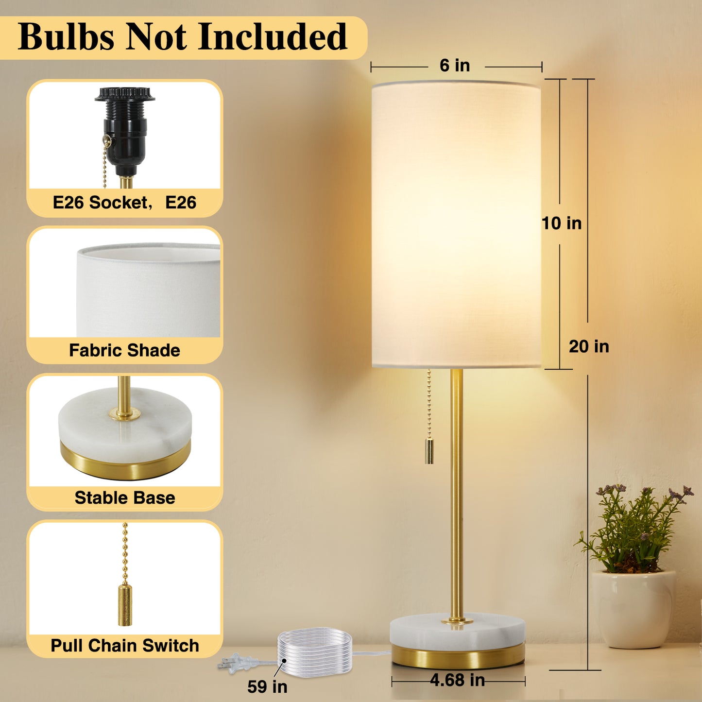 NATYSWAN Minimalist Table Lamp Set of 2, Nightstand Lamp for Bedroom Living Room, Modern Pull Chain Bedside Lamp with Marble Base, Fabric Shade, Small Desk Lamp for Home, Office, Reading