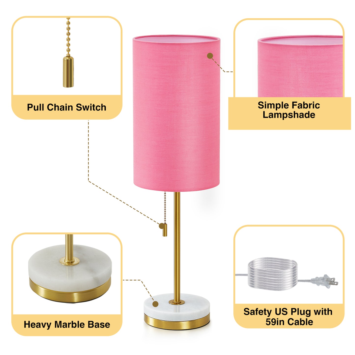 NATYSWAN Minimalist Table Lamp Set of 2, Nightstand Lamp for Bedroom Living Room, Modern Pull Chain Bedside Lamp with Marble Base, Fabric Shade, Small Desk Lamp for Home, Office, Reading