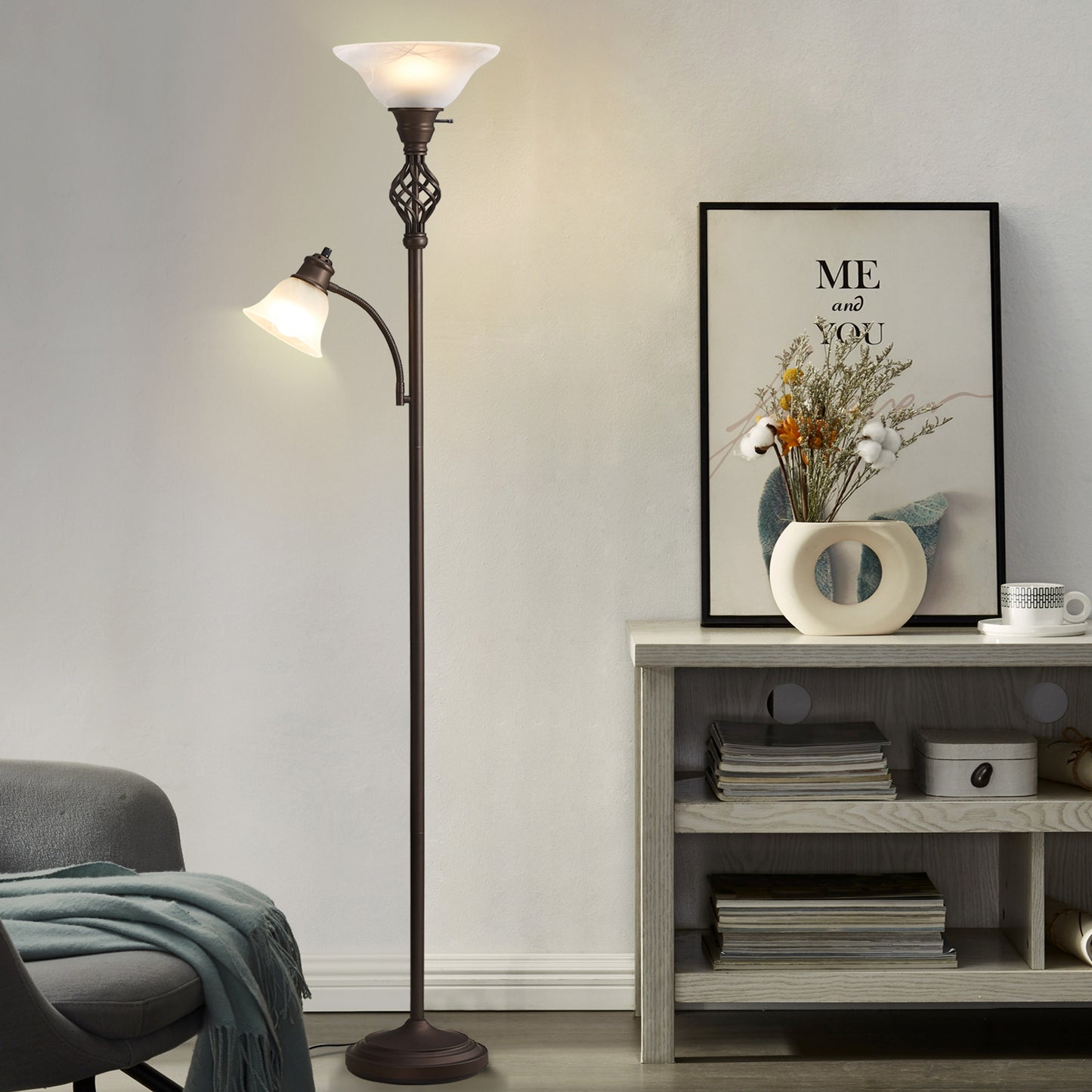 NATYSWAN Standing Lamp with Adjustable Side Reading Light, Floor Lamps for Living Room with Glass Shade 72-Inch Torchiere Tall Lamps Decor for Bedroom Living Room Den Office (Bulb Included)