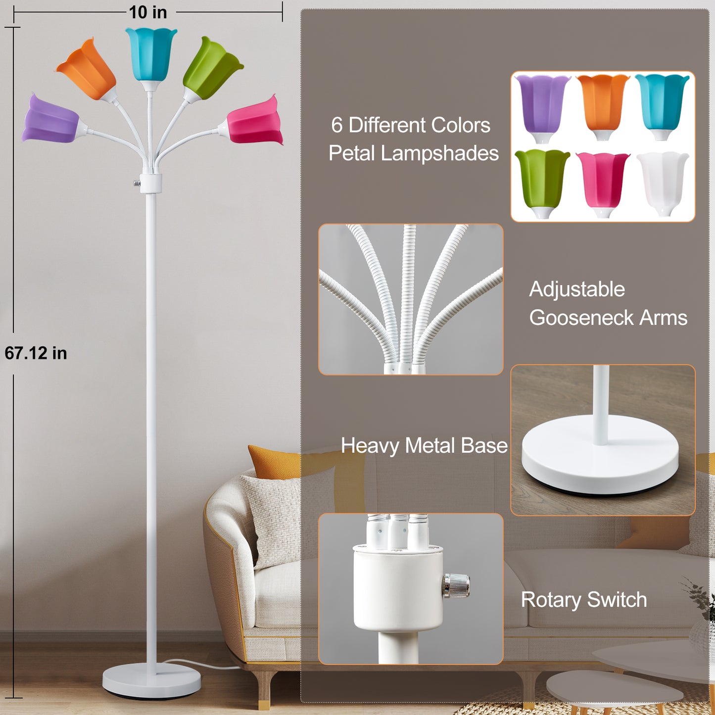 NATYSWAN Medusa LED Floor Lamp, Multi Head Modern Tall Lamp with Adjustable Gooseneck Standing Lamps Led Tall Lamp for Living Room Bedroom Kids Room Office 6 Color Lampshades Bulb Not Included