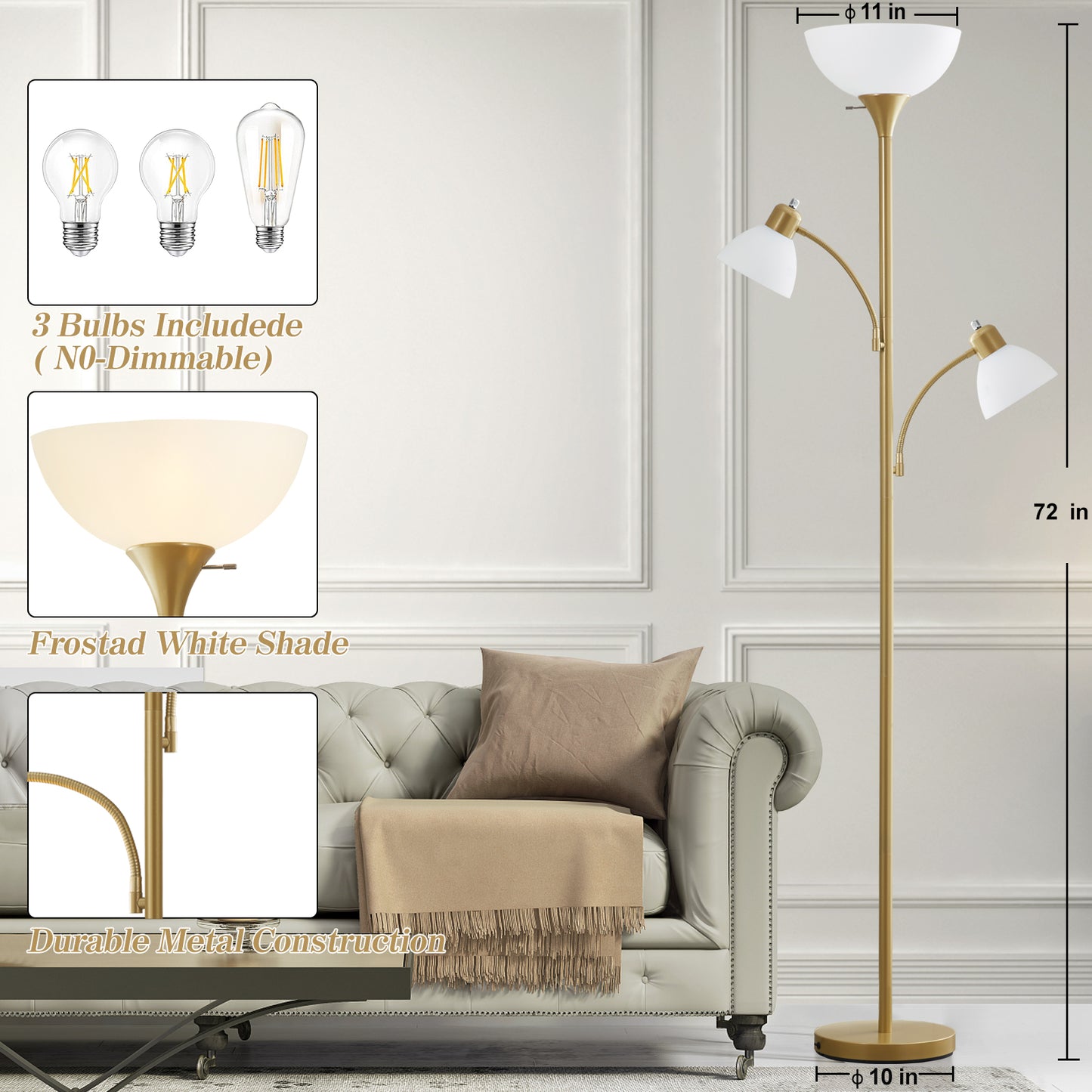NATYSWAN Floor Lamps for Living Room,Torchiere Floor Lamp with 8W Adjustable Reading Lights, Morden Tall Lamps for Living Room, Bedroom, Office, 3 Bulbs Included