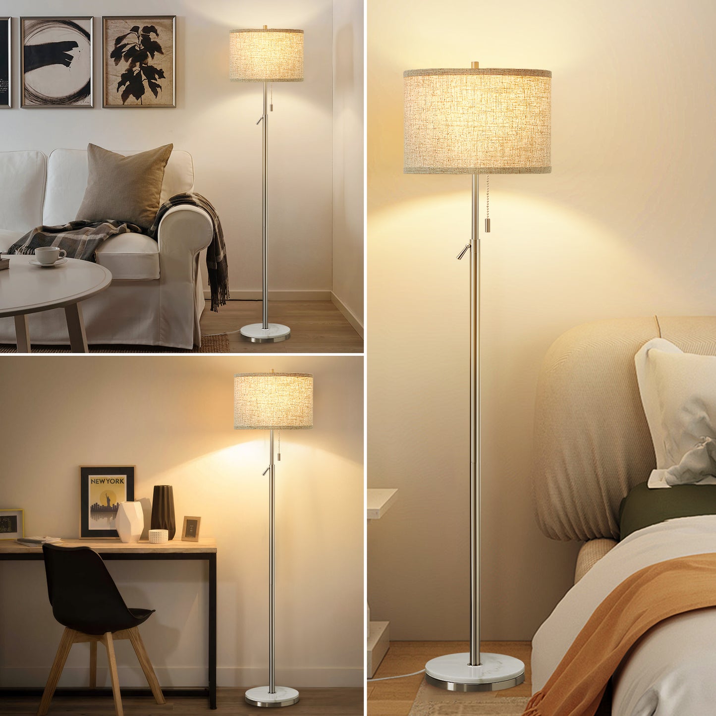 NATYSWAN Modern Floor Lamp for Living Room, Adjustable Height Standing Lamp with Marble Base Tall Lamp with Pull Chain Switch Floor Lamps for Living Room, Bedroom & Office Bulbs Not Included
