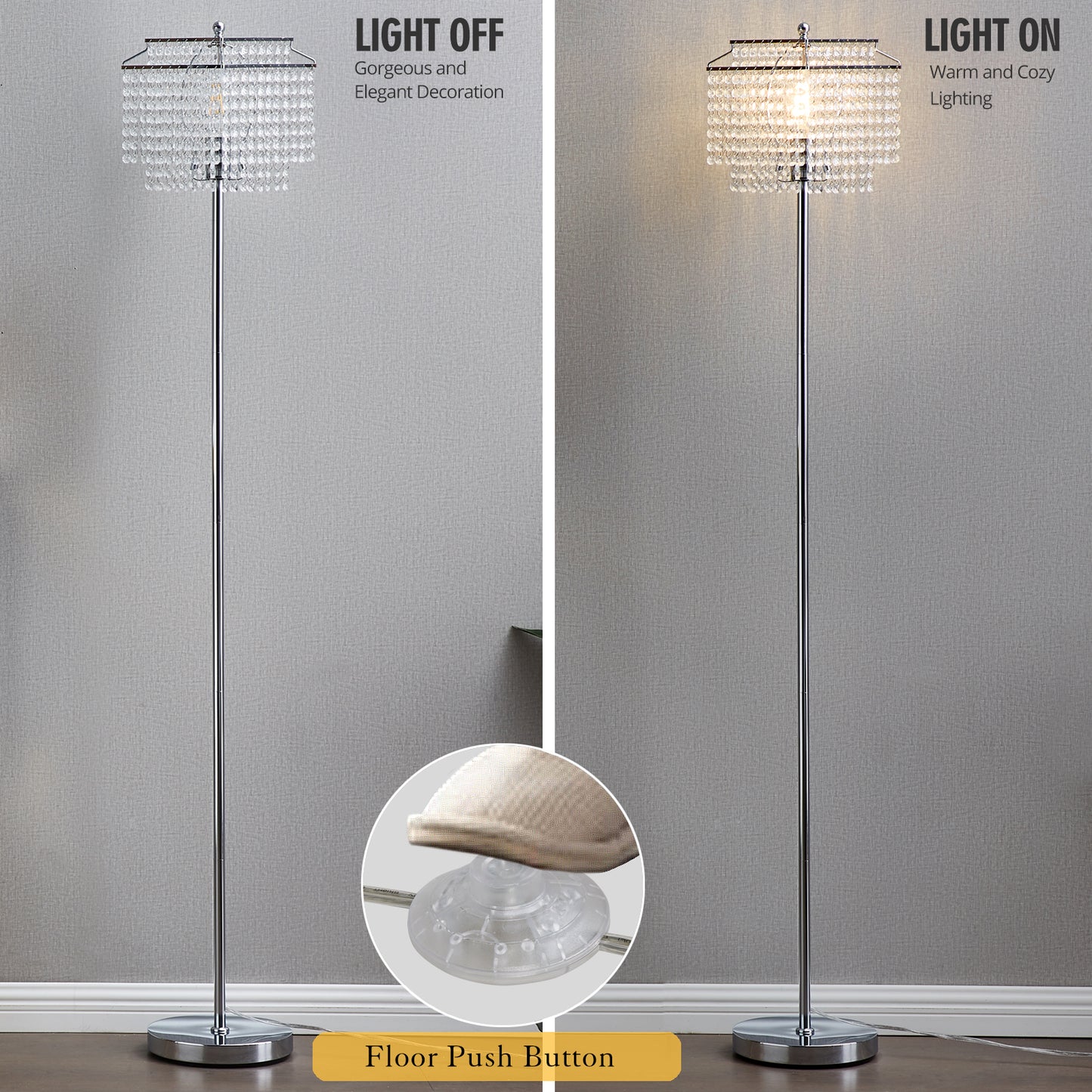 NATYSWAN Crystal Floor Lamp Gold, Modern Standing Lamps with Double-Layer Lampshade, on-off Foot Switch, Gold Finish Tall Pole Lamp for Living Room, Bedroom, Office, 8W Bulb Included