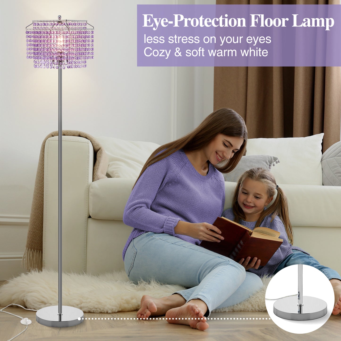 NATYSWAN Crystal Floor Lamp Gold, Modern Standing Lamps with Double-Layer Lampshade, on-off Foot Switch, Gold Finish Tall Pole Lamp for Living Room, Bedroom, Office, 8W Bulb Included