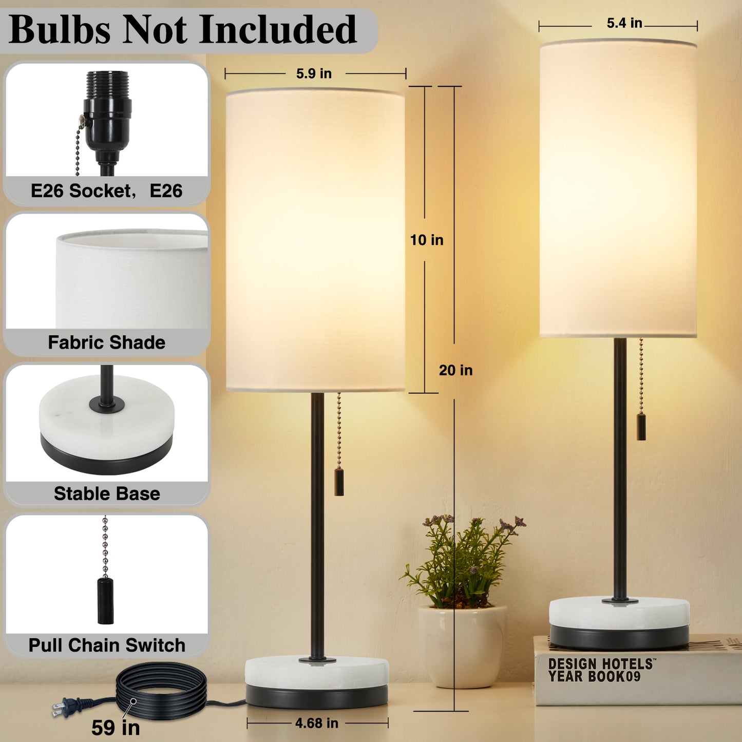 NATYSWAN Minimalist Table Lamp Set of 2, Nightstand Lamp for Bedroom Living Room, Modern Pull Chain Bedside Lamp with Marble Base, Fabric Shade, Small Desk Lamp for Home, Office, Reading